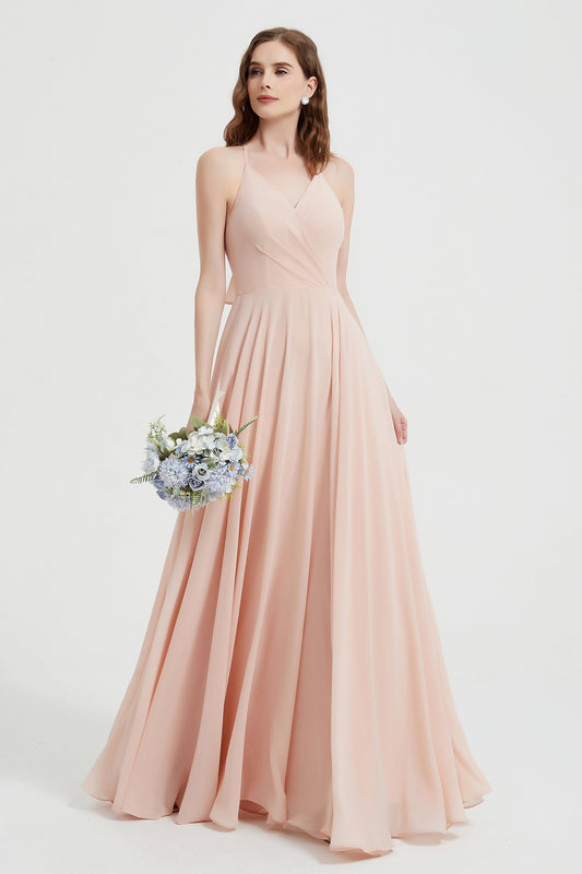 Crossed Straps Chiffon A Line Bridesmaid Dress Pleated Ruffle Formal Evening Dresses Gowns