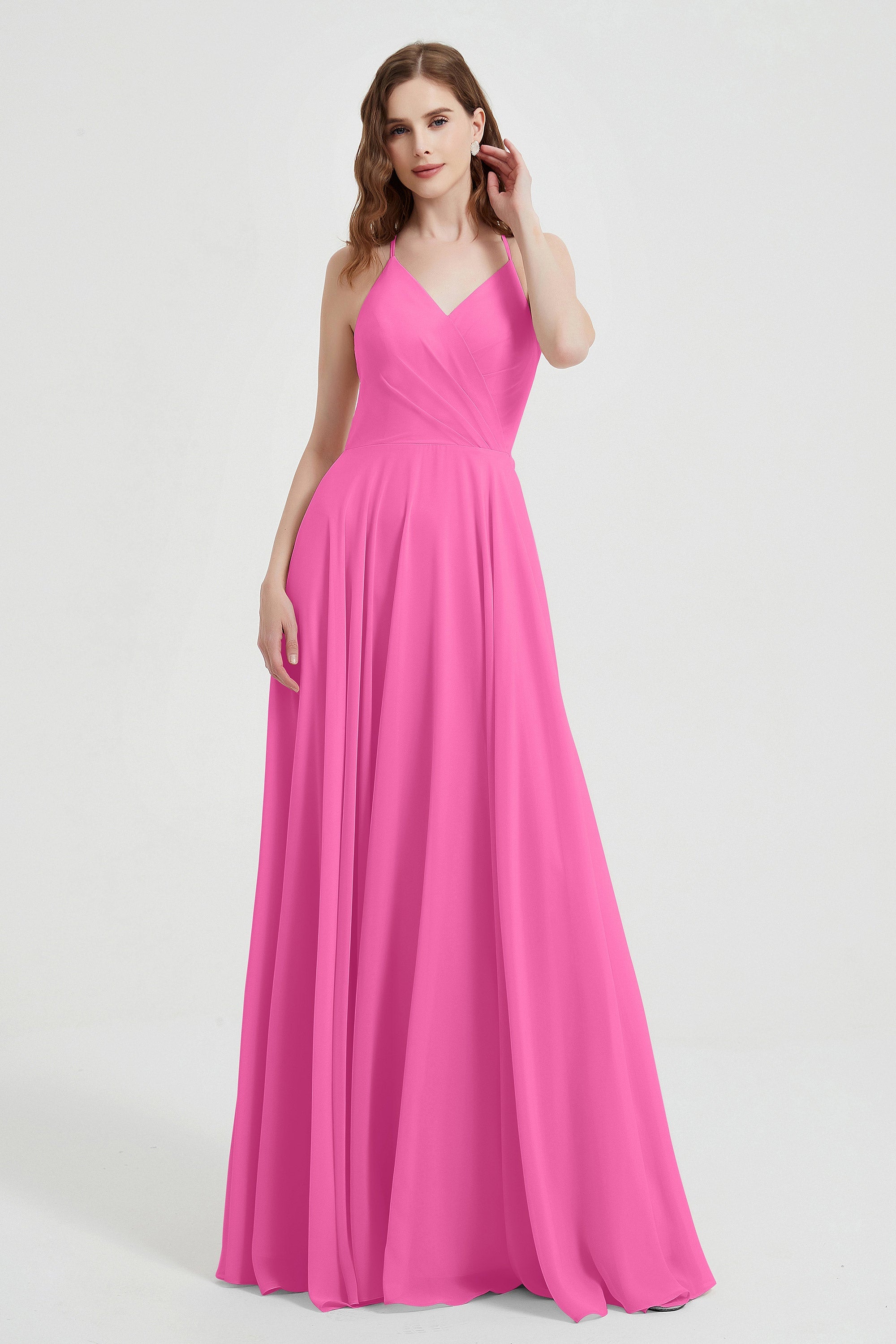 Crossed Straps Chiffon A Line Bridesmaid Dress Pleated Ruffle Formal Evening Dresses Gowns