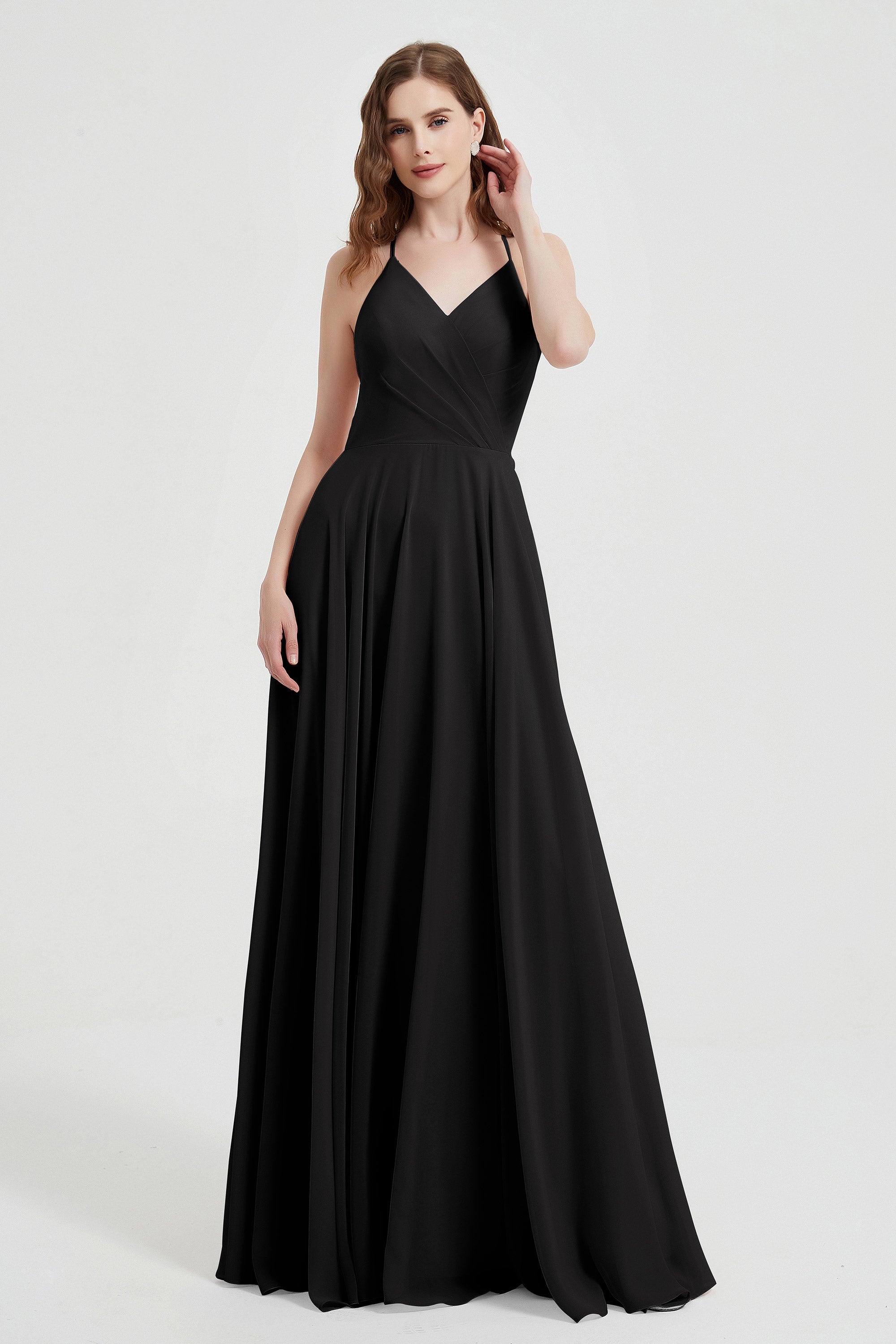 Crossed Straps Chiffon A Line Bridesmaid Dress Pleated Ruffle Formal Evening Dresses Gowns