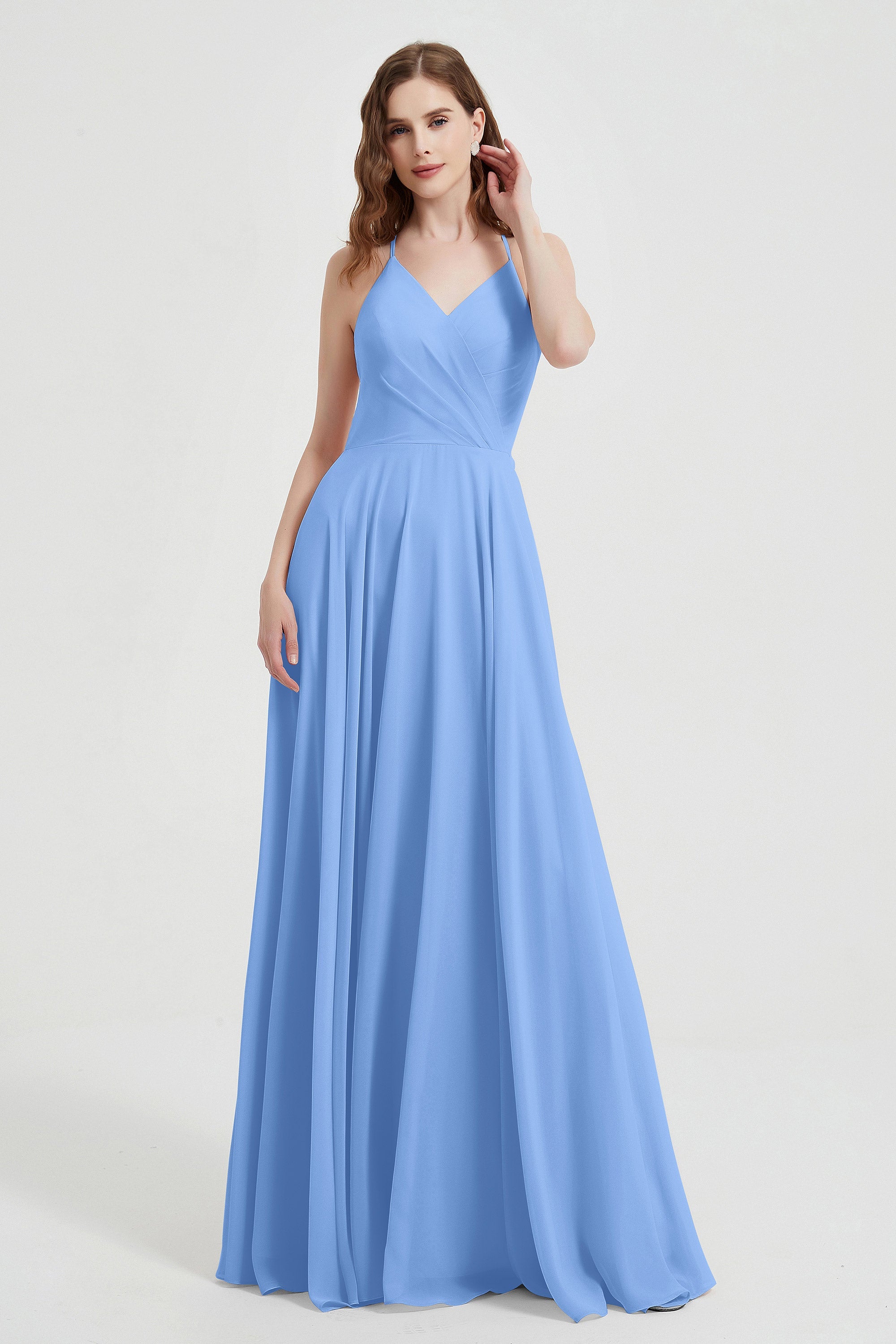 Crossed Straps Chiffon A Line Bridesmaid Dress Pleated Ruffle Formal Evening Dresses Gowns