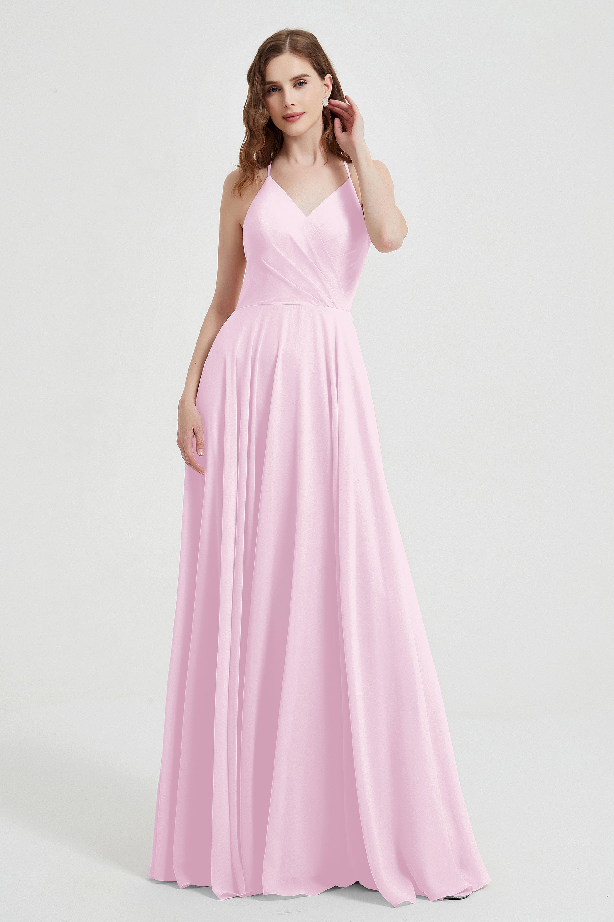 Crossed Straps Chiffon A Line Bridesmaid Dress Pleated Ruffle Formal Evening Dresses Gowns