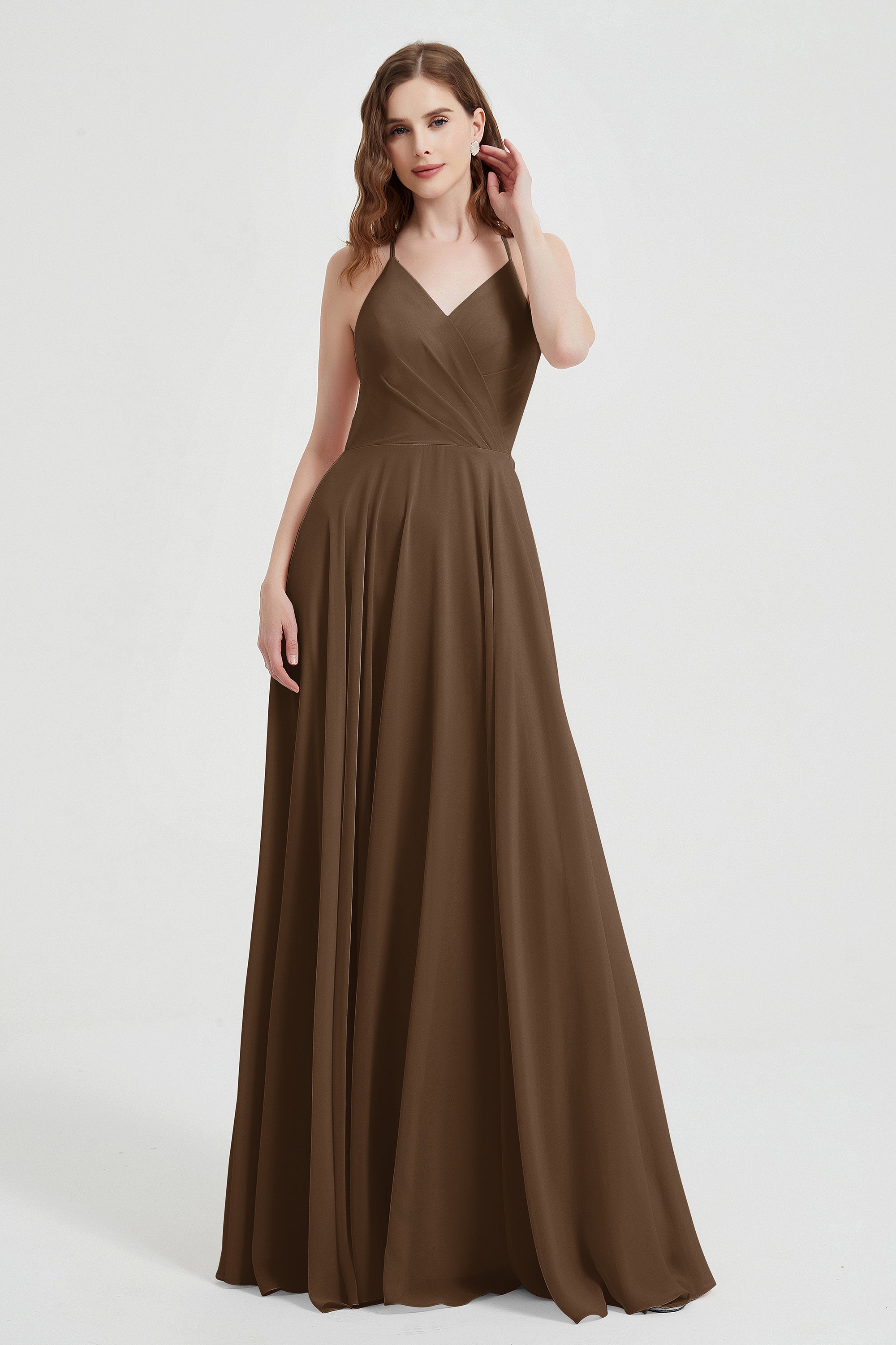 Crossed Straps Chiffon A Line Bridesmaid Dress Pleated Ruffle Formal Evening Dresses Gowns