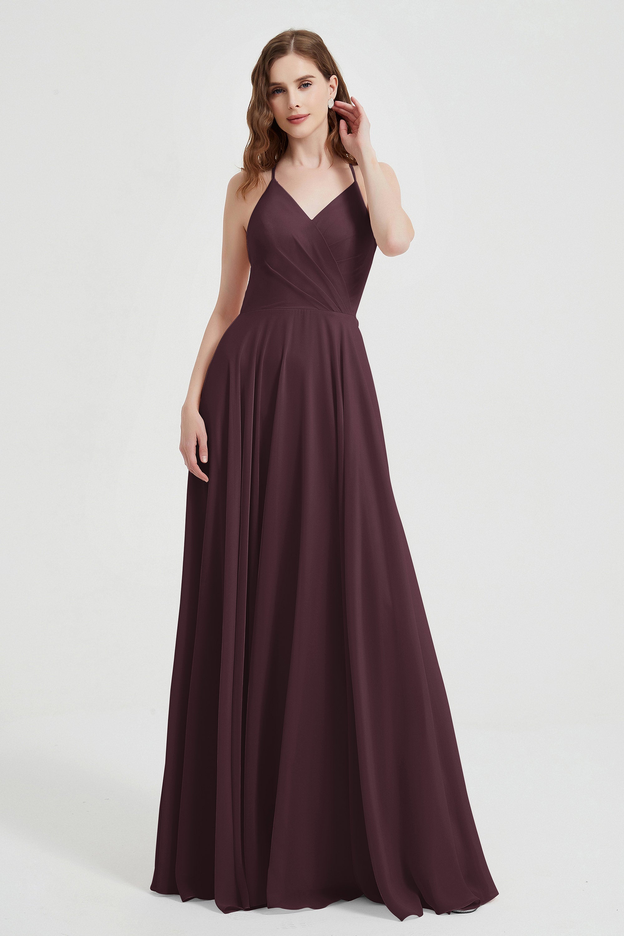 Crossed Straps Chiffon A Line Bridesmaid Dress Pleated Ruffle Formal Evening Dresses Gowns