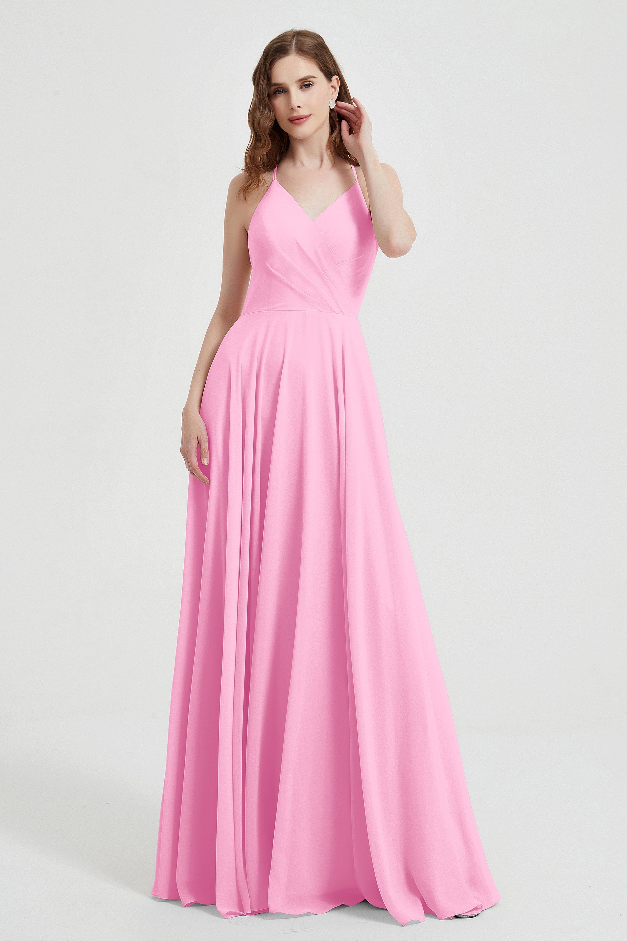 Crossed Straps Chiffon A Line Bridesmaid Dress Pleated Ruffle Formal Evening Dresses Gowns