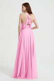 Crossed Straps Chiffon A Line Bridesmaid Dress Pleated Ruffle Formal Evening Dresses Gowns