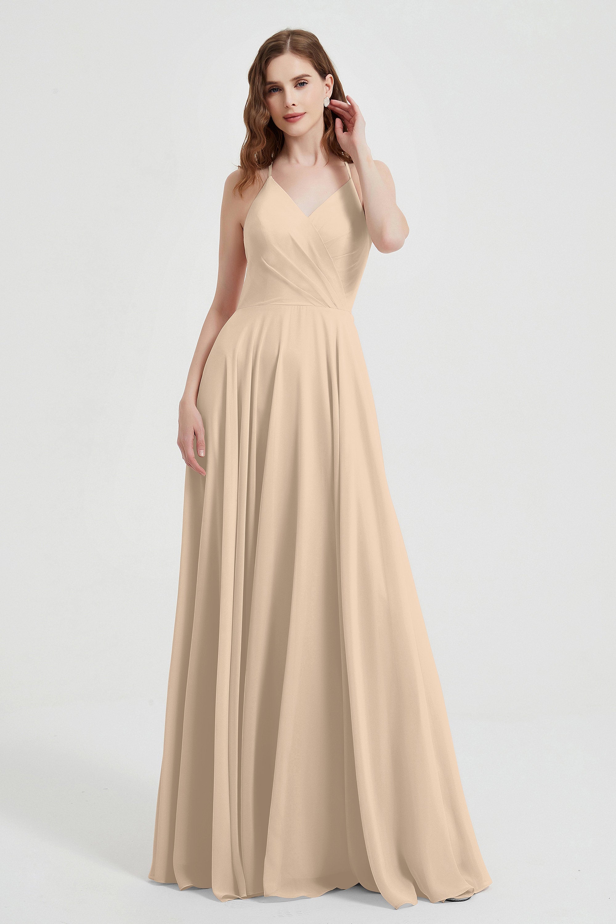 Crossed Straps Chiffon A Line Bridesmaid Dress Pleated Ruffle Formal Evening Dresses Gowns