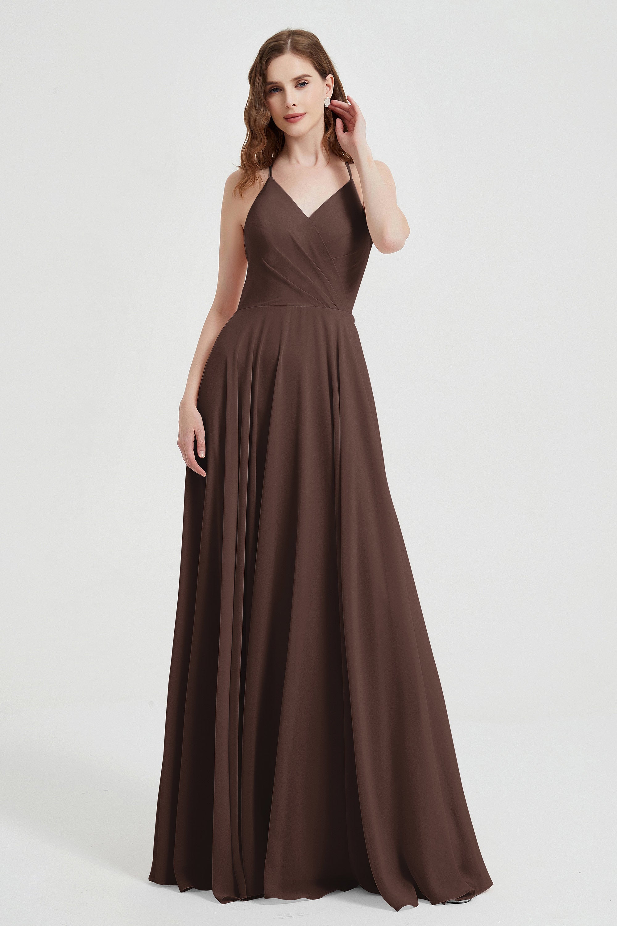 Crossed Straps Chiffon A Line Bridesmaid Dress Pleated Ruffle Formal Evening Dresses Gowns