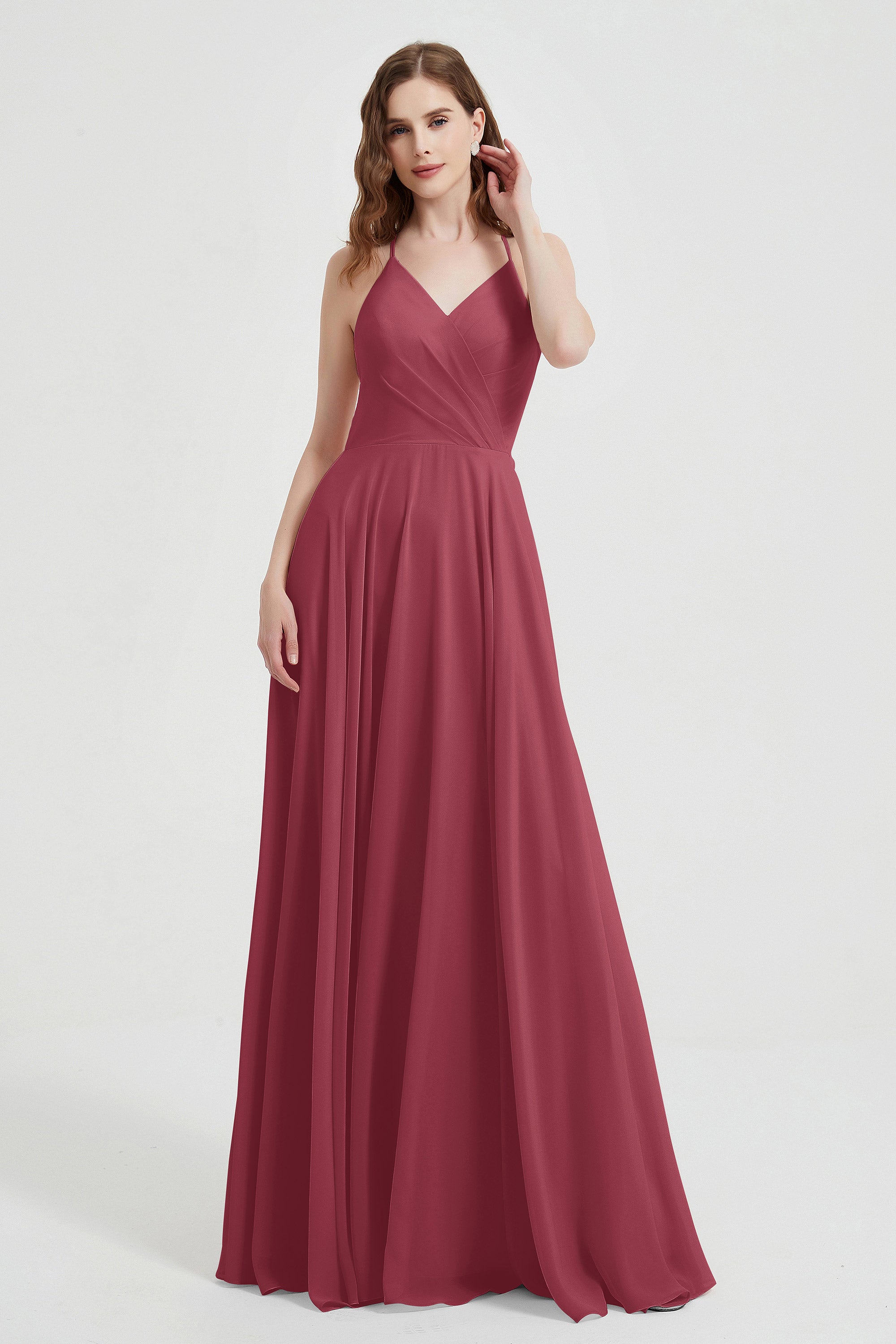 Crossed Straps Chiffon A Line Bridesmaid Dress Pleated Ruffle Formal Evening Dresses Gowns