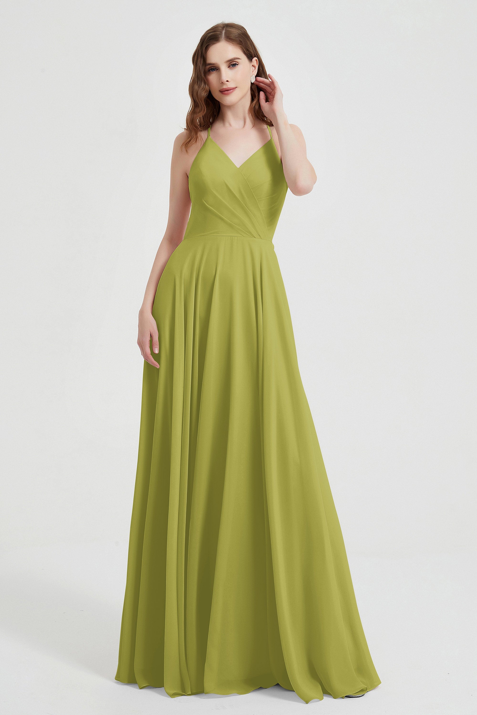 Crossed Straps Chiffon A Line Bridesmaid Dress Pleated Ruffle Formal Evening Dresses Gowns