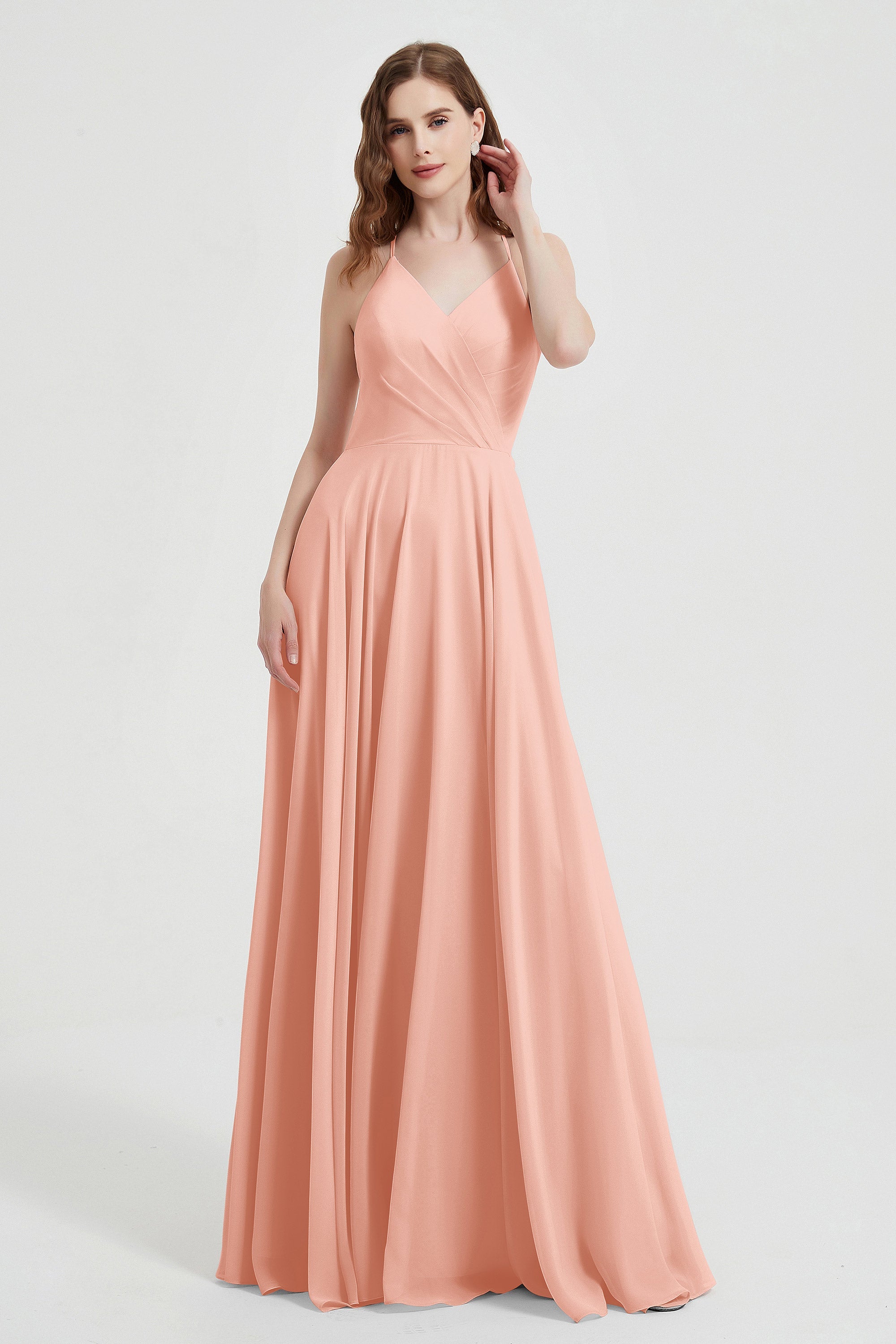 Crossed Straps Chiffon A Line Bridesmaid Dress Pleated Ruffle Formal Evening Dresses Gowns