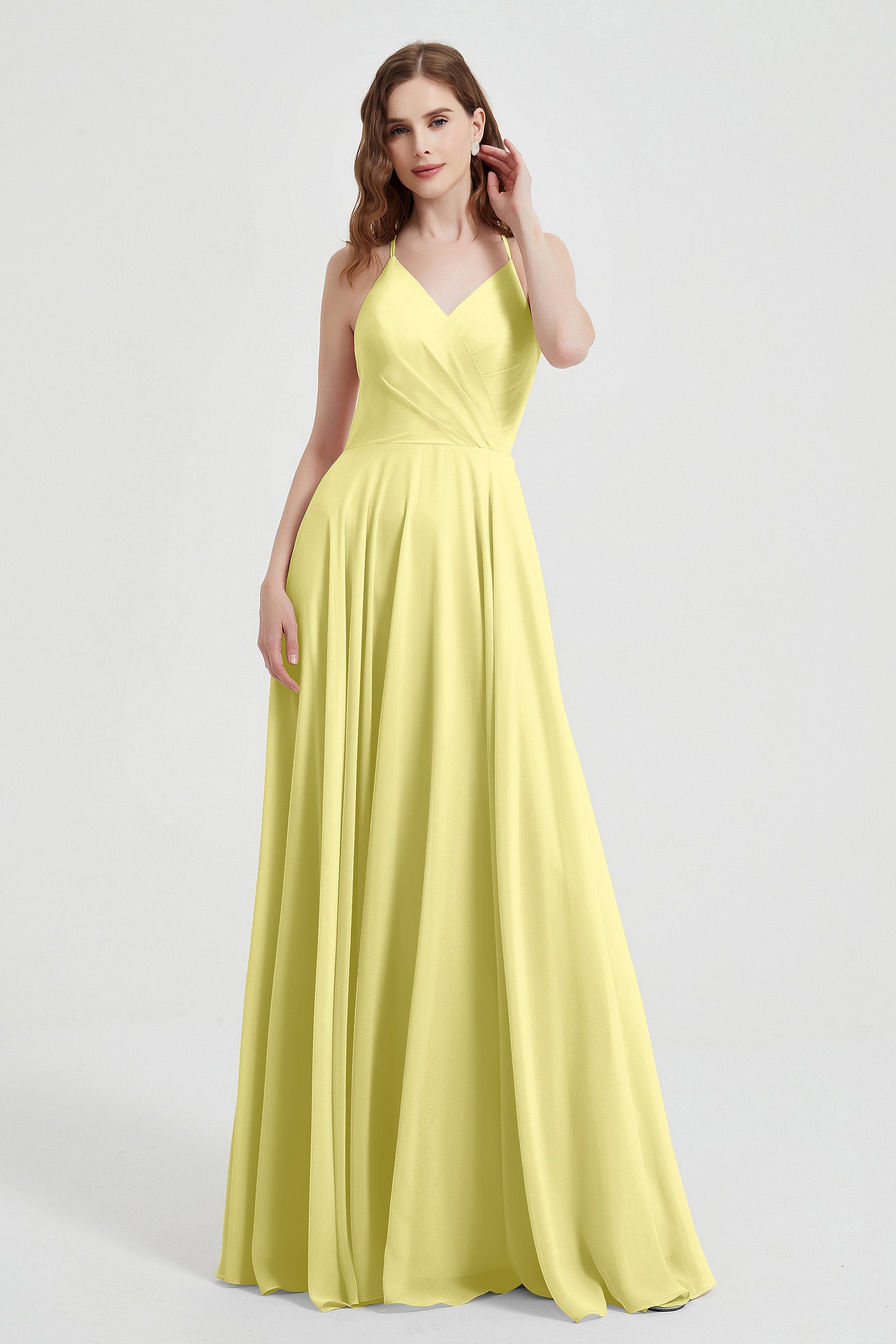 Crossed Straps Chiffon A Line Bridesmaid Dress Pleated Ruffle Formal Evening Dresses Gowns