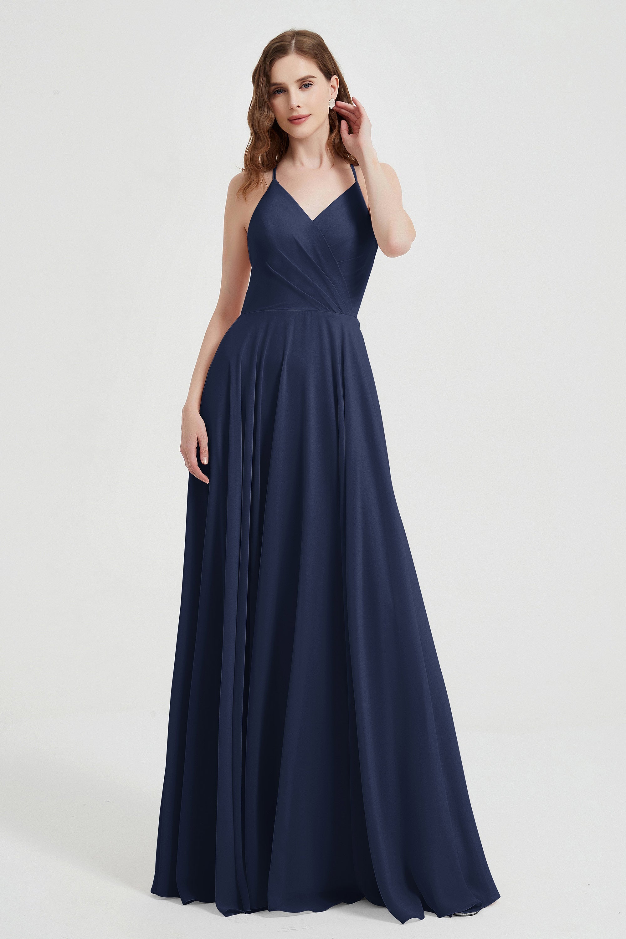 Crossed Straps Chiffon A Line Bridesmaid Dress Pleated Ruffle Formal Evening Dresses Gowns