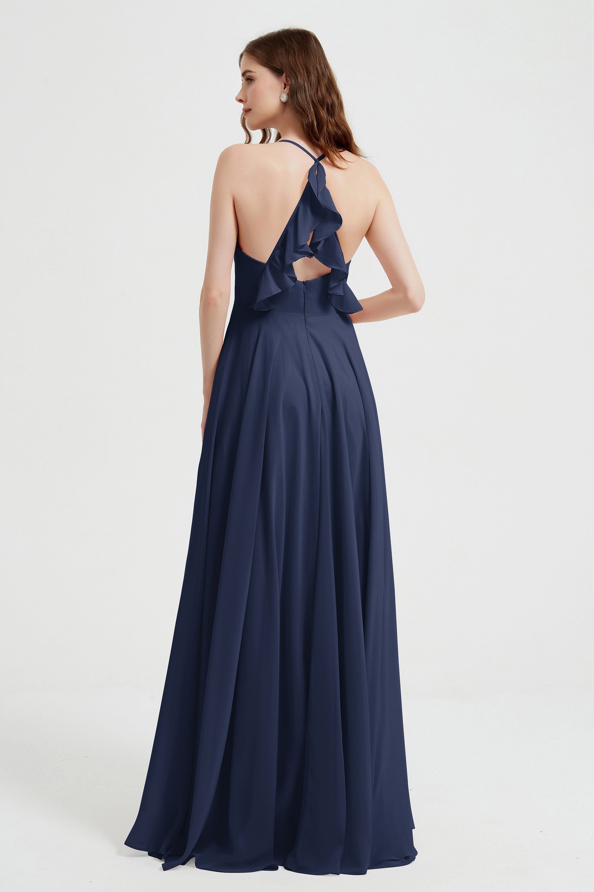 Crossed Straps Chiffon A Line Bridesmaid Dress Pleated Ruffle Formal Evening Dresses Gowns