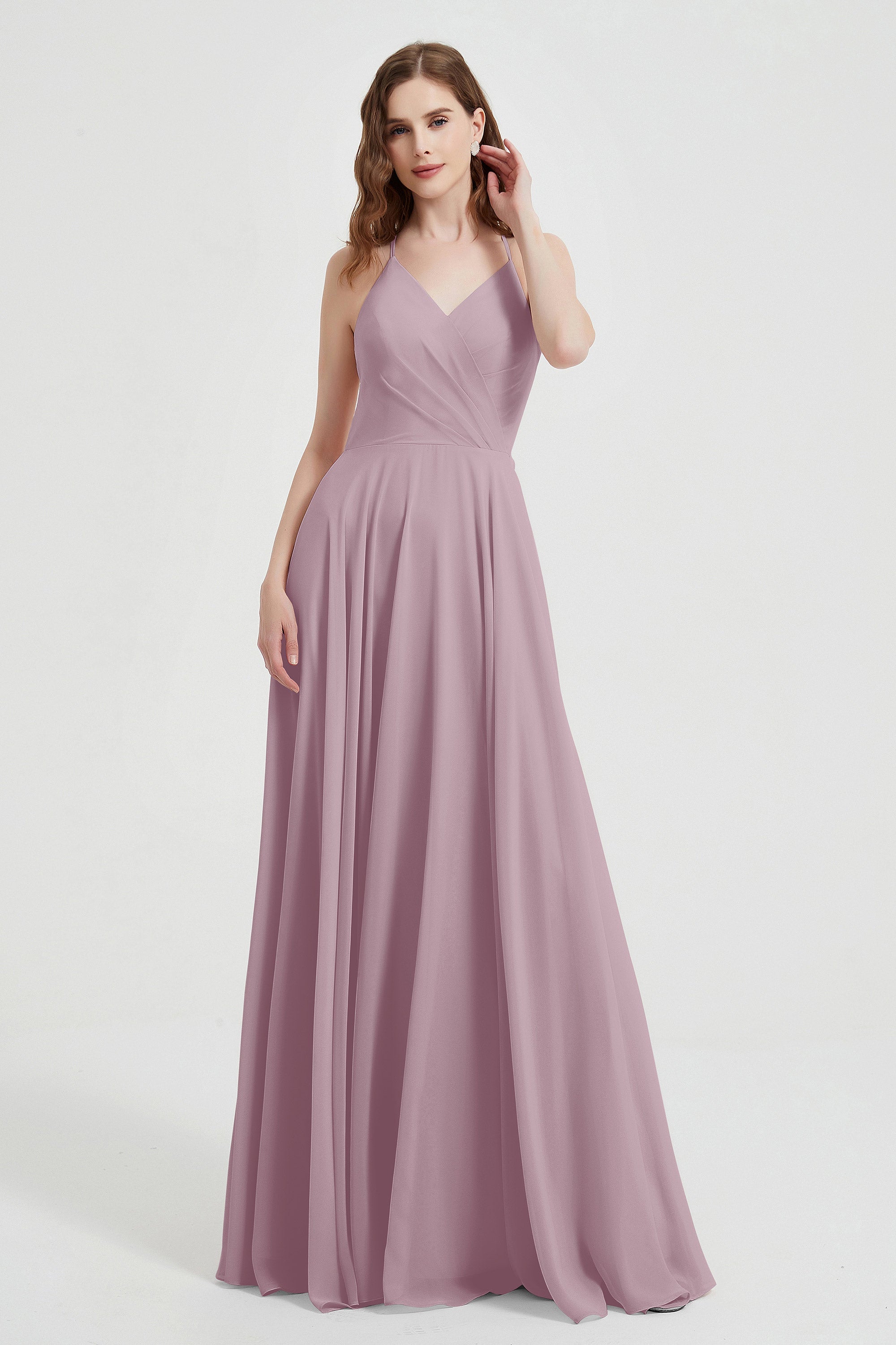 Crossed Straps Chiffon A Line Bridesmaid Dress Pleated Ruffle Formal Evening Dresses Gowns