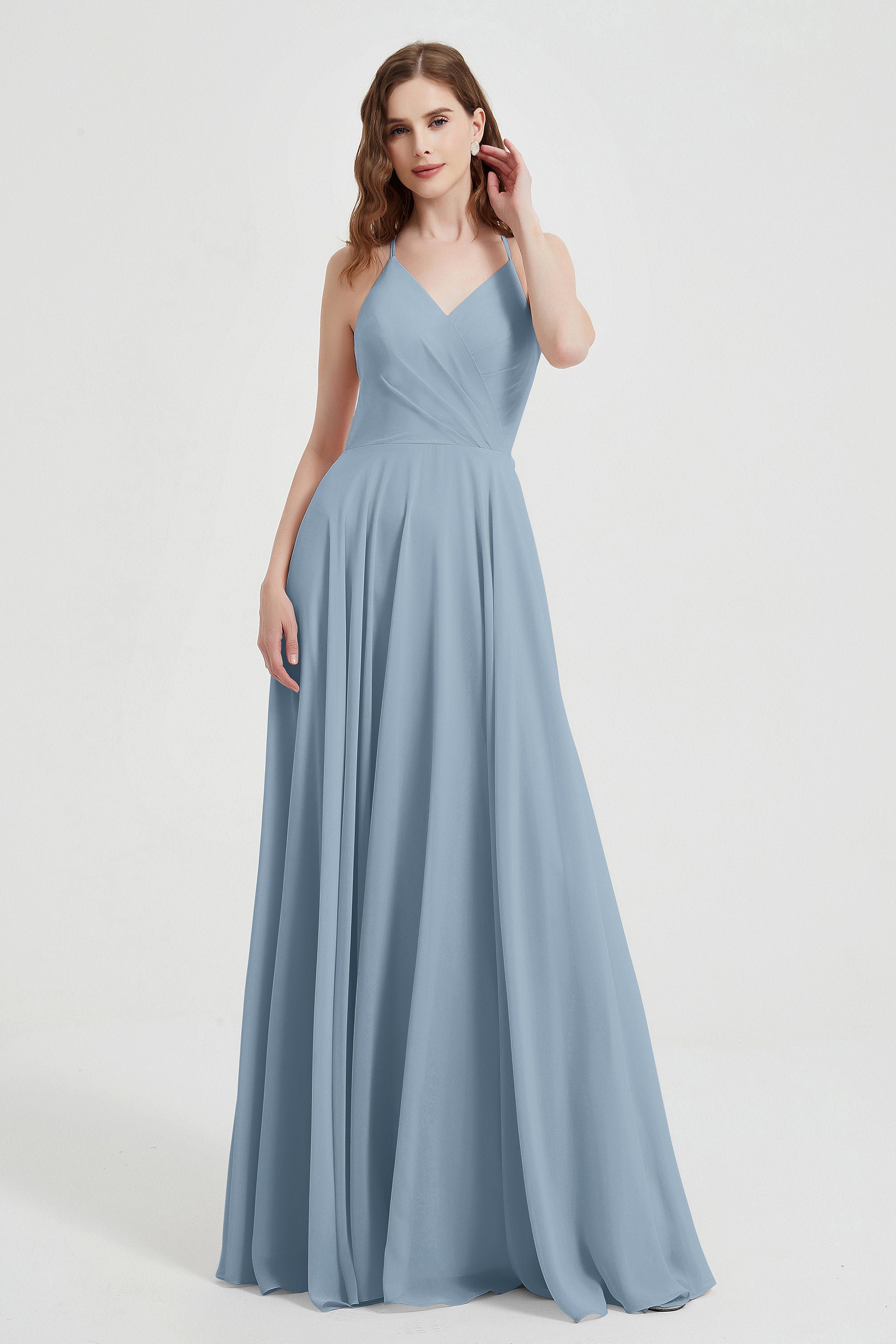 Crossed Straps Chiffon A Line Bridesmaid Dress Pleated Ruffle Formal Evening Dresses Gowns