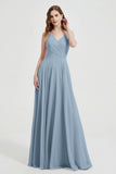 Crossed Straps Chiffon A Line Bridesmaid Dress Pleated Ruffle Formal Evening Dresses Gowns