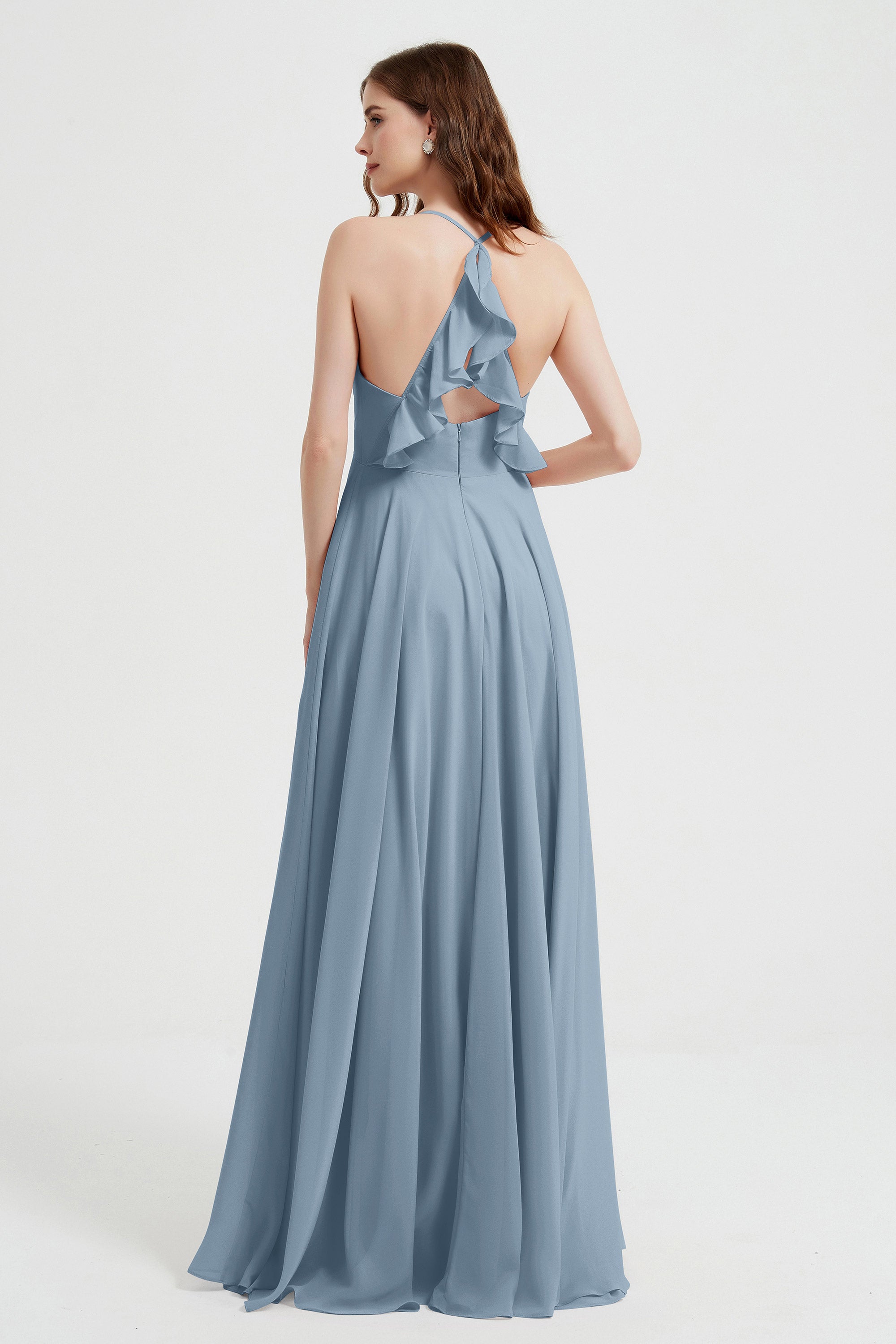 Crossed Straps Chiffon A Line Bridesmaid Dress Pleated Ruffle Formal Evening Dresses Gowns