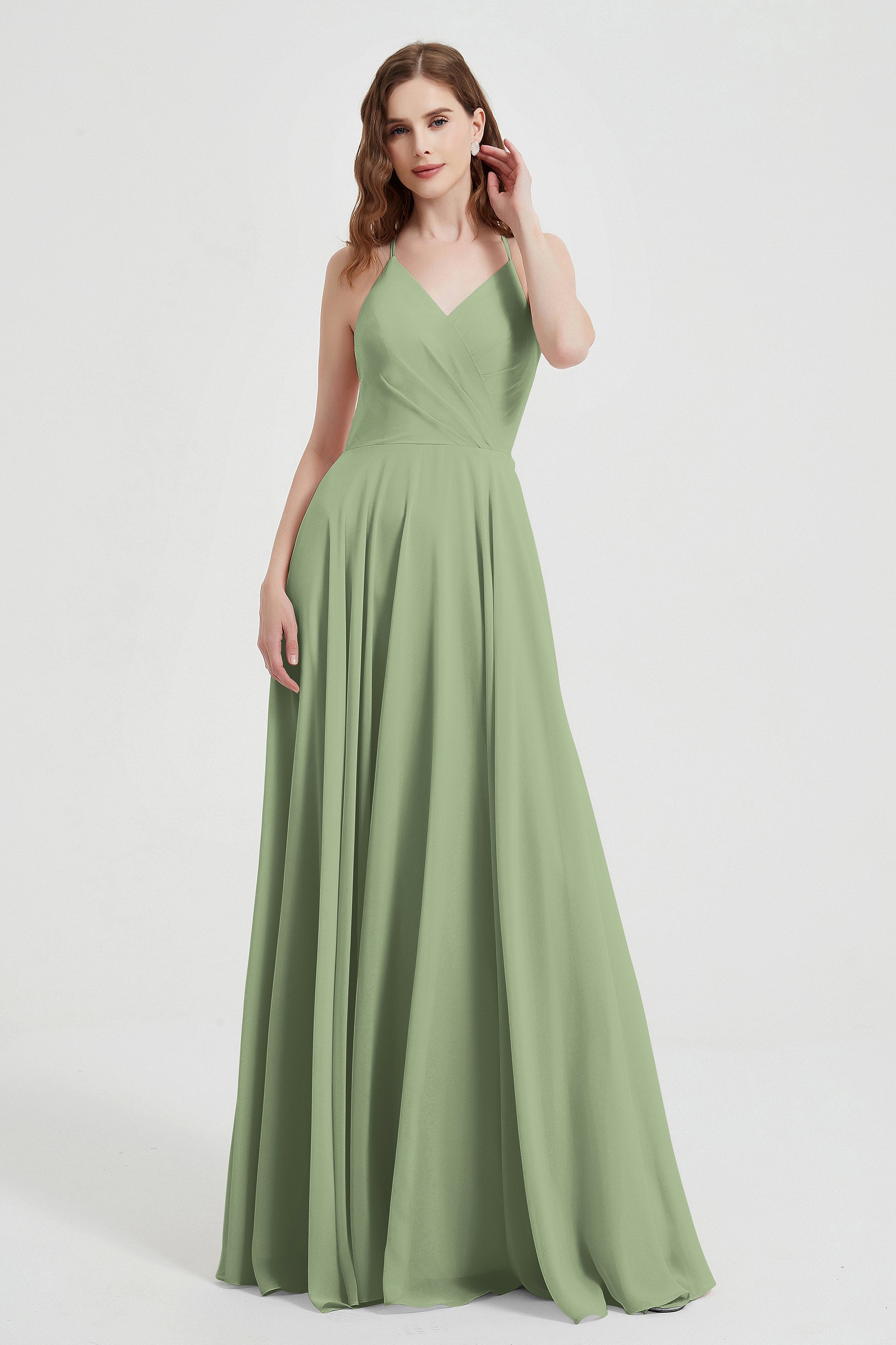 Crossed Straps Chiffon A Line Bridesmaid Dress Pleated Ruffle Formal Evening Dresses Gowns