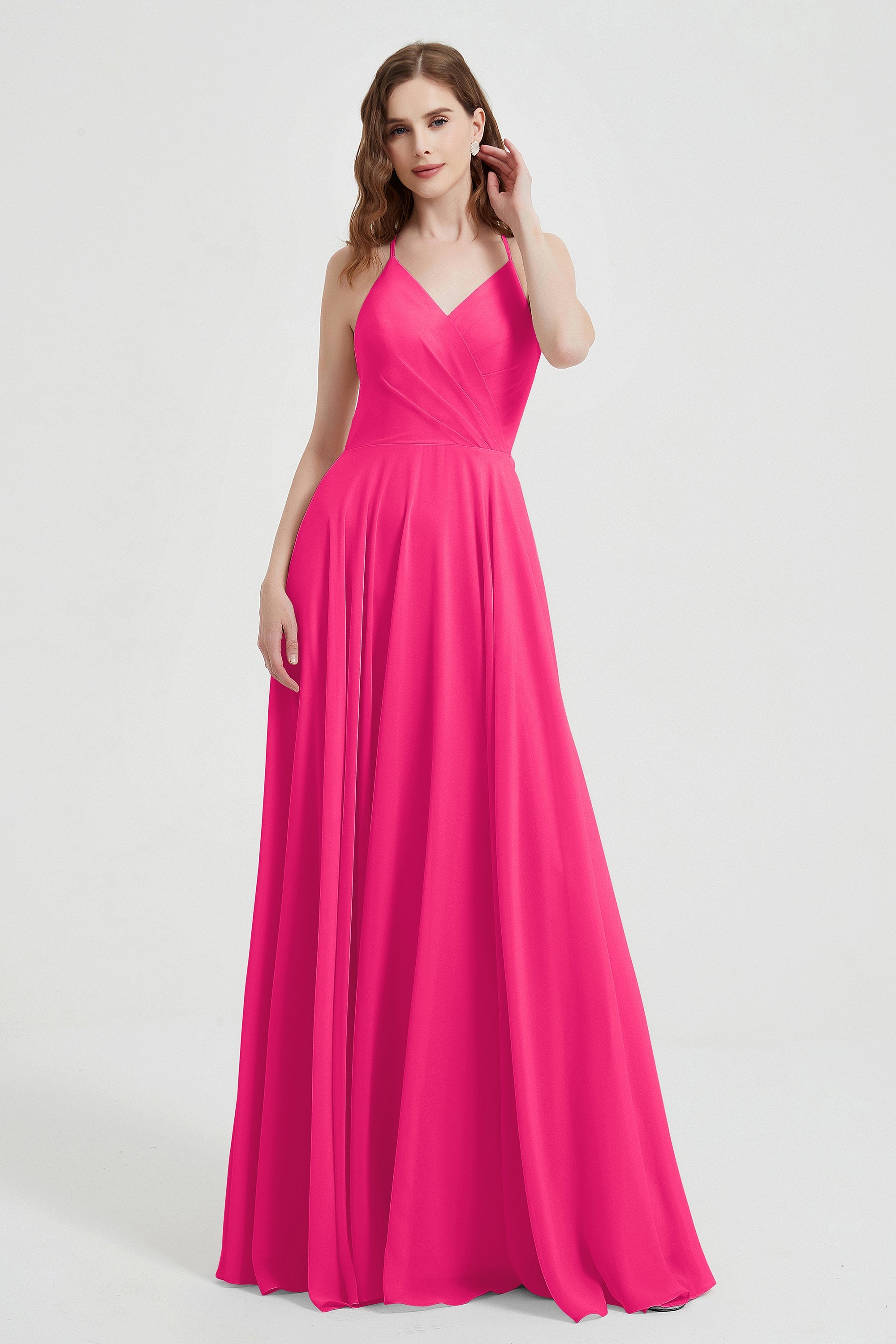 Crossed Straps Chiffon A Line Bridesmaid Dress Pleated Ruffle Formal Evening Dresses Gowns