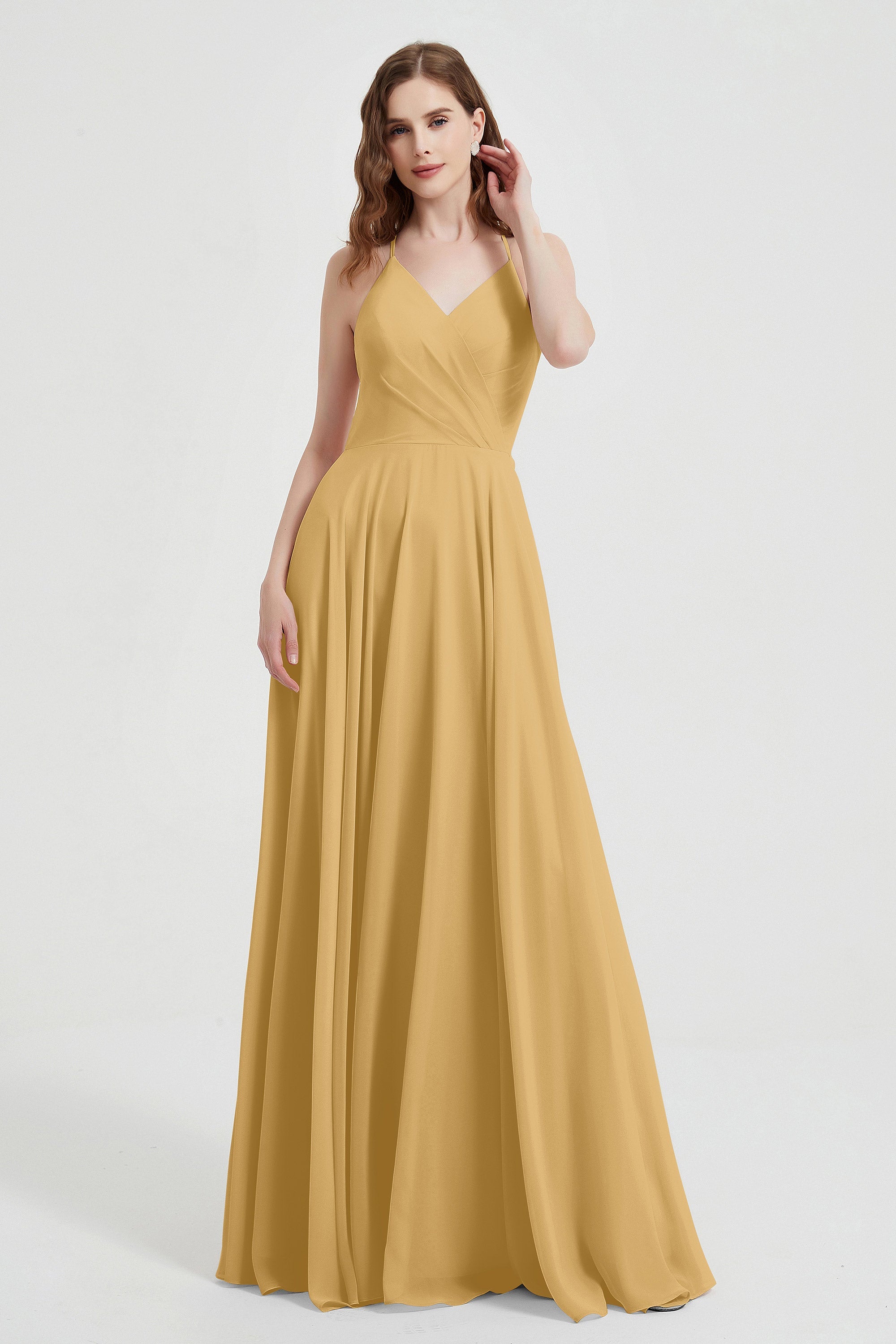 Crossed Straps Chiffon A Line Bridesmaid Dress Pleated Ruffle Formal Evening Dresses Gowns