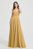 Crossed Straps Chiffon A Line Bridesmaid Dress Pleated Ruffle Formal Evening Dresses Gowns