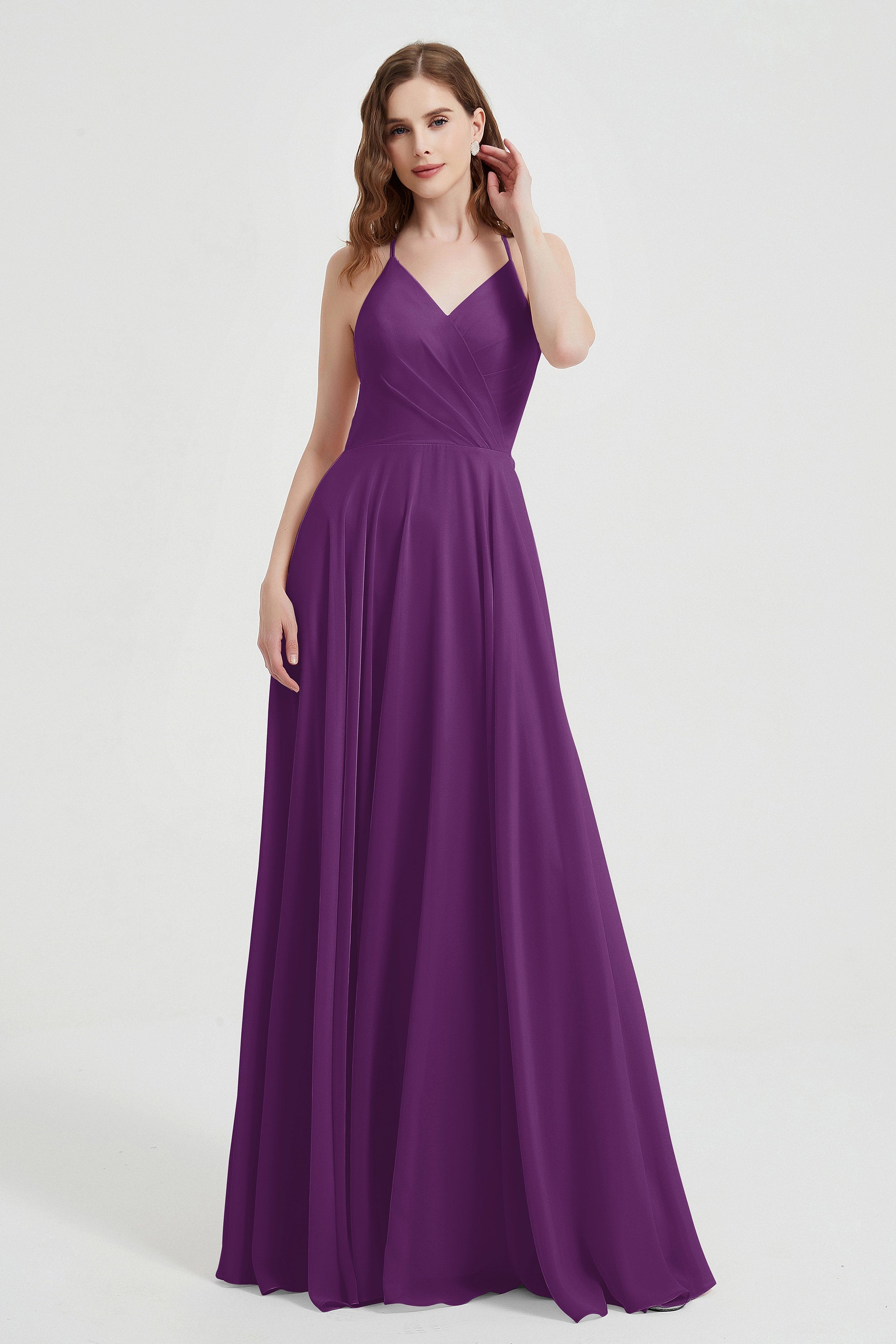 Crossed Straps Chiffon A Line Bridesmaid Dress Pleated Ruffle Formal Evening Dresses Gowns