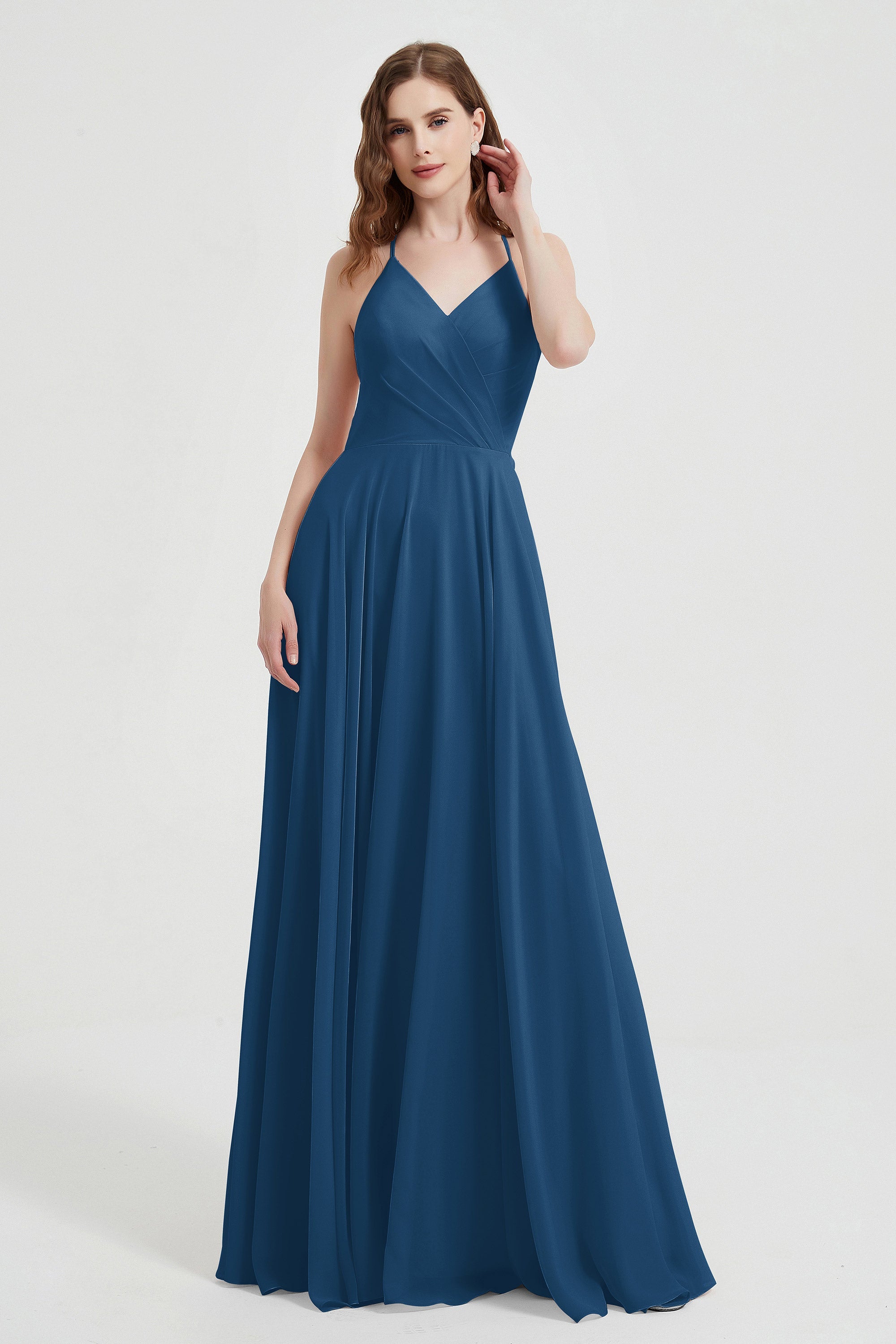 Crossed Straps Chiffon A Line Bridesmaid Dress Pleated Ruffle Formal Evening Dresses Gowns