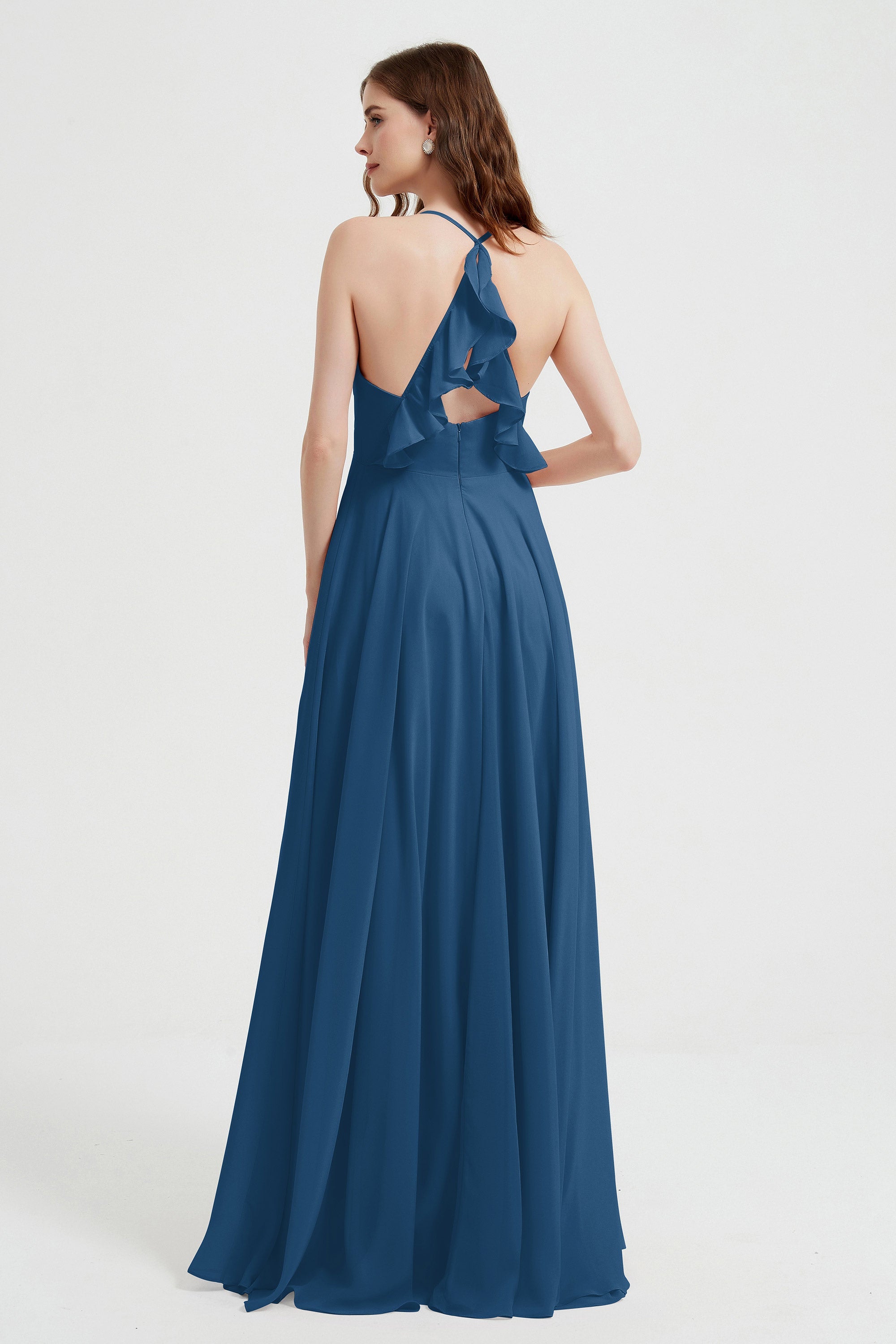Crossed Straps Chiffon A Line Bridesmaid Dress Pleated Ruffle Formal Evening Dresses Gowns