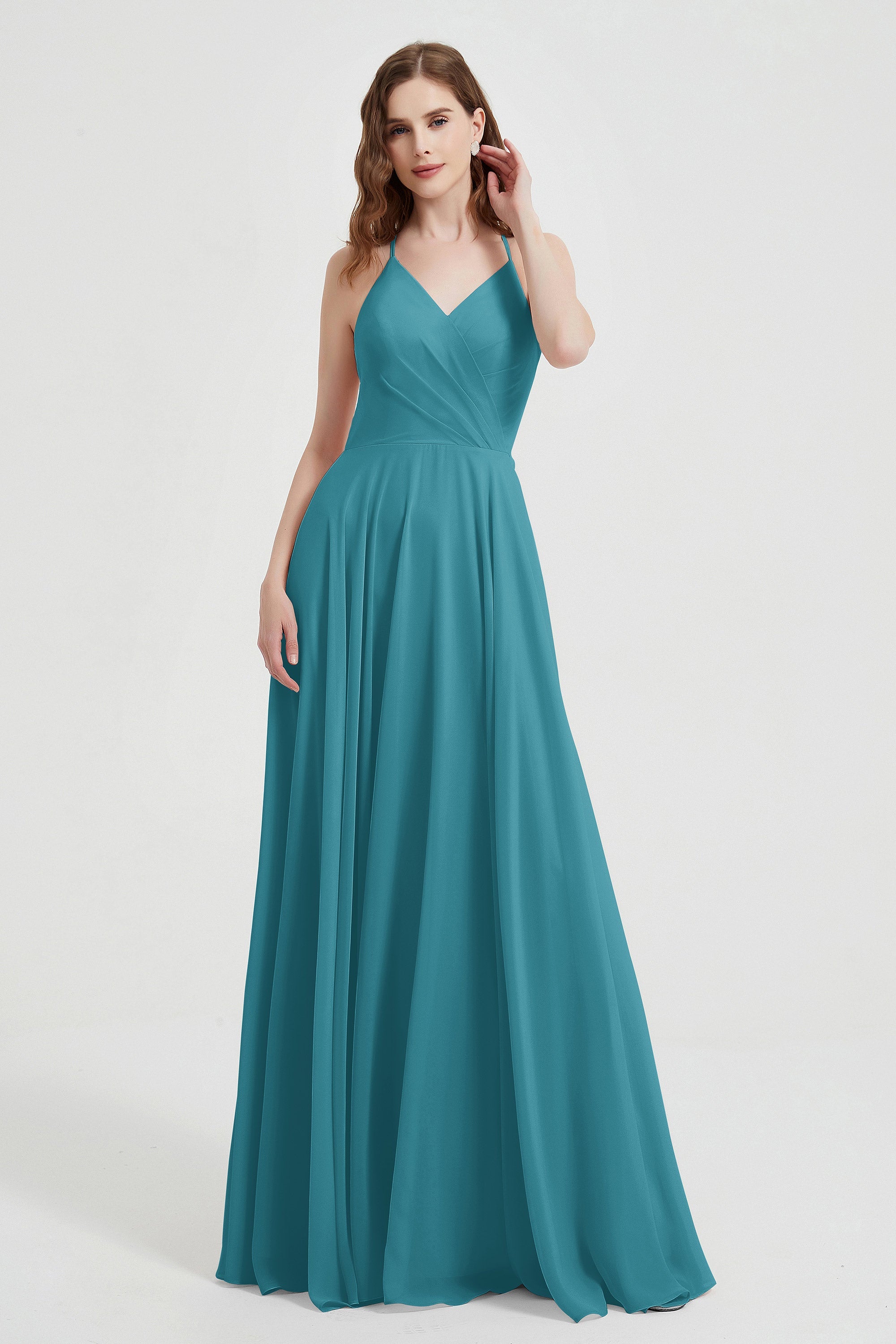 Crossed Straps Chiffon A Line Bridesmaid Dress Pleated Ruffle Formal Evening Dresses Gowns