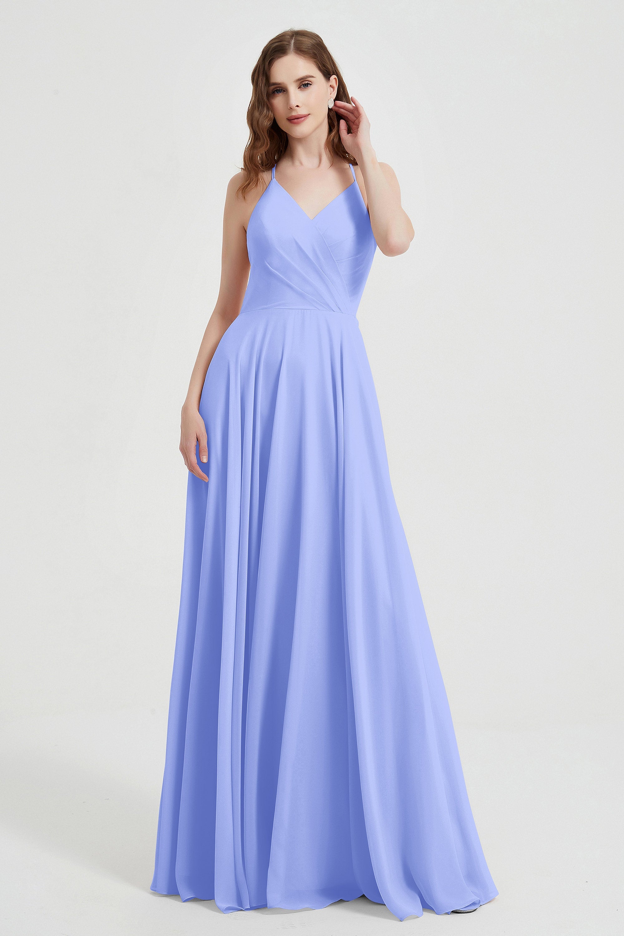 Crossed Straps Chiffon A Line Bridesmaid Dress Pleated Ruffle Formal Evening Dresses Gowns