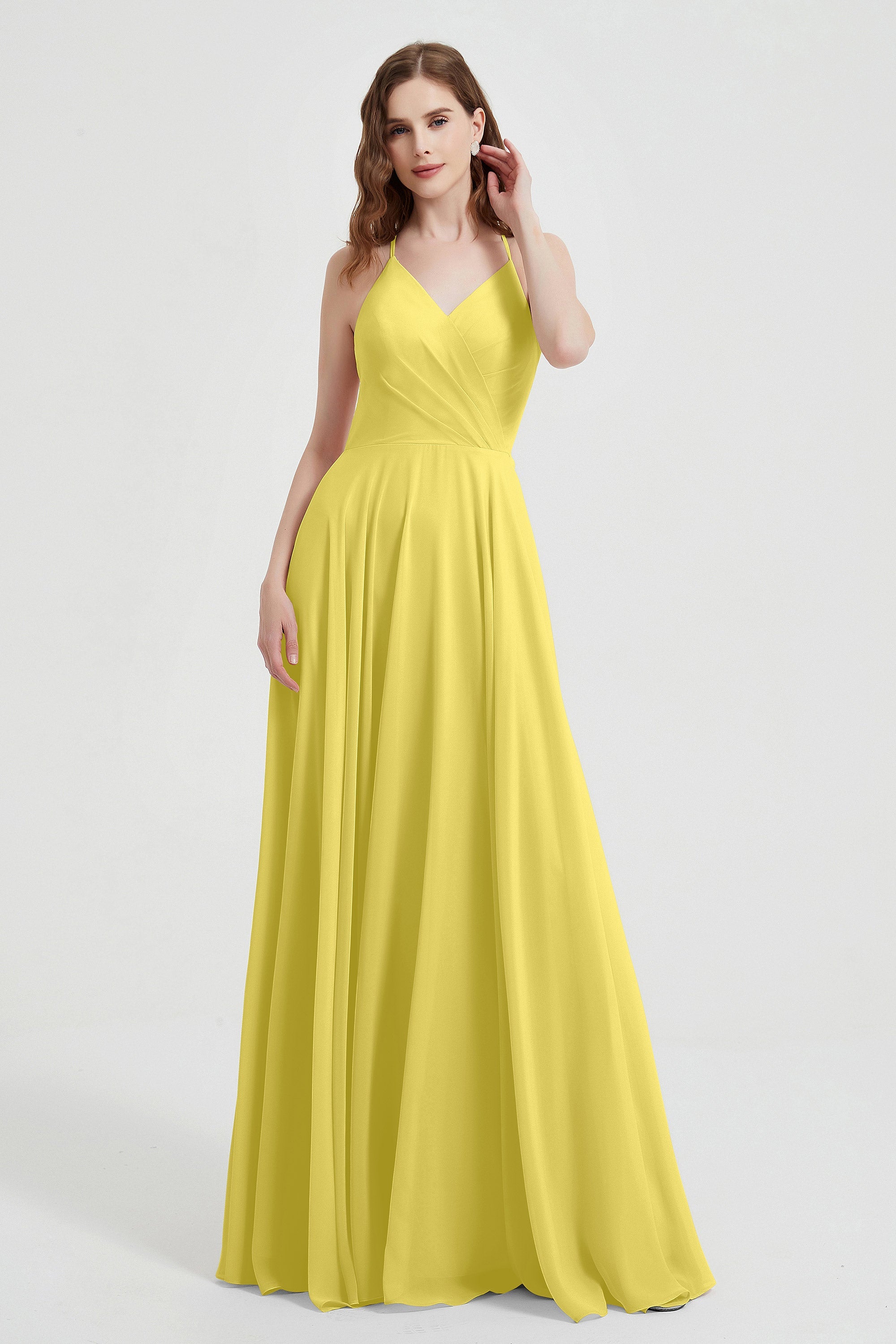 Crossed Straps Chiffon A Line Bridesmaid Dress Pleated Ruffle Formal Evening Dresses Gowns