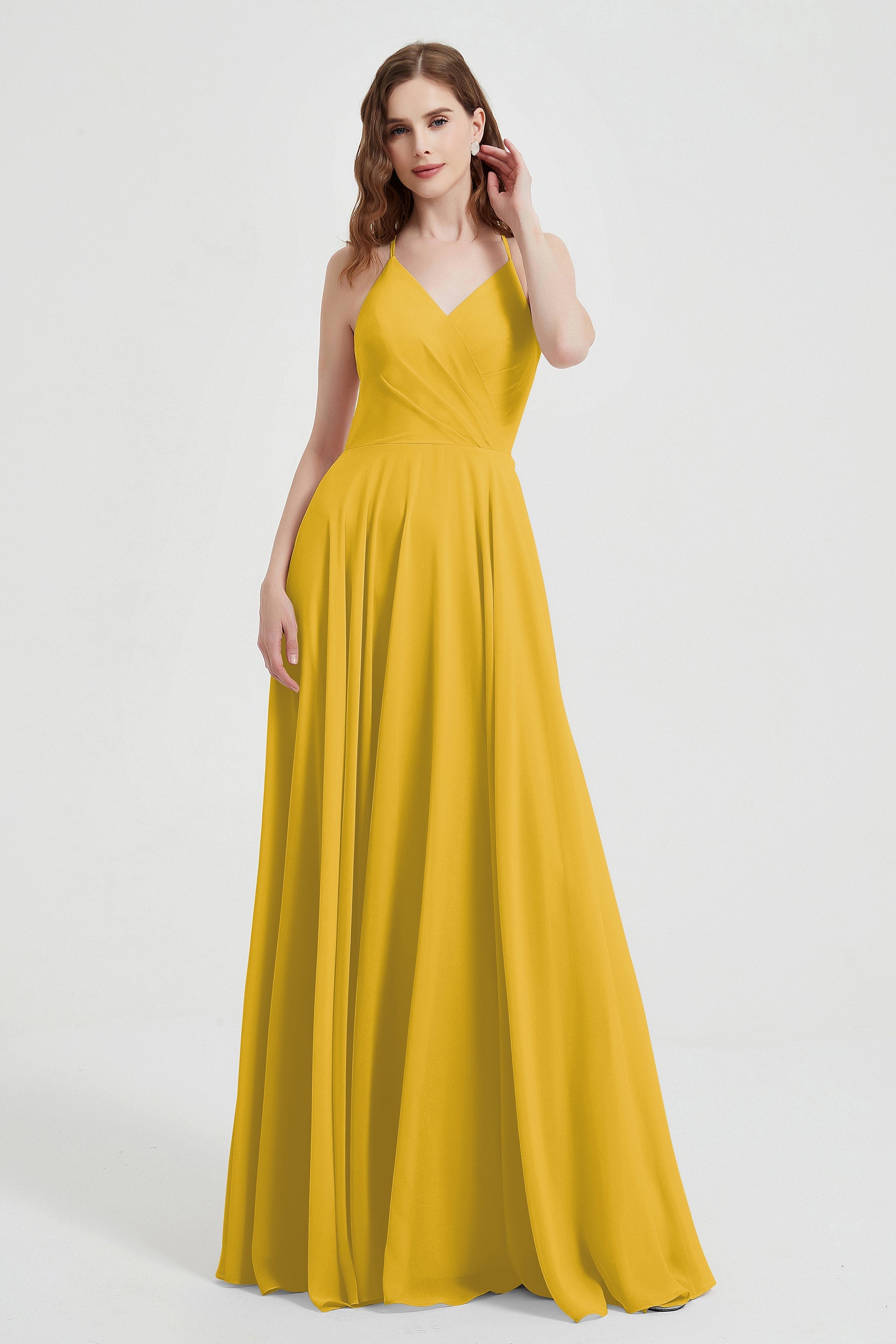 Crossed Straps Chiffon A Line Bridesmaid Dress Pleated Ruffle Formal Evening Dresses Gowns