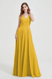 Crossed Straps Chiffon A Line Bridesmaid Dress Pleated Ruffle Formal Evening Dresses Gowns