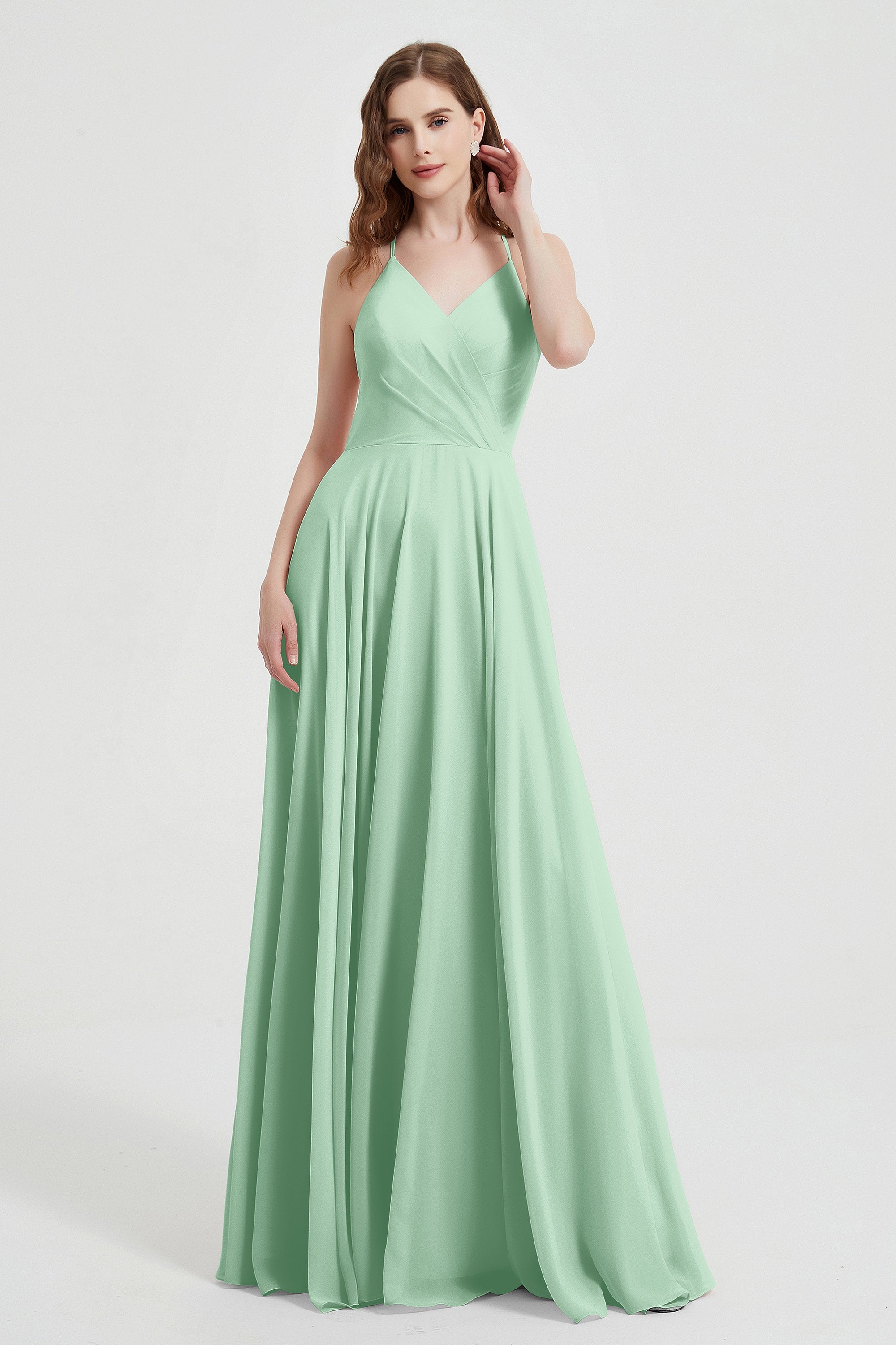 Crossed Straps Chiffon A Line Bridesmaid Dress Pleated Ruffle Formal Evening Dresses Gowns