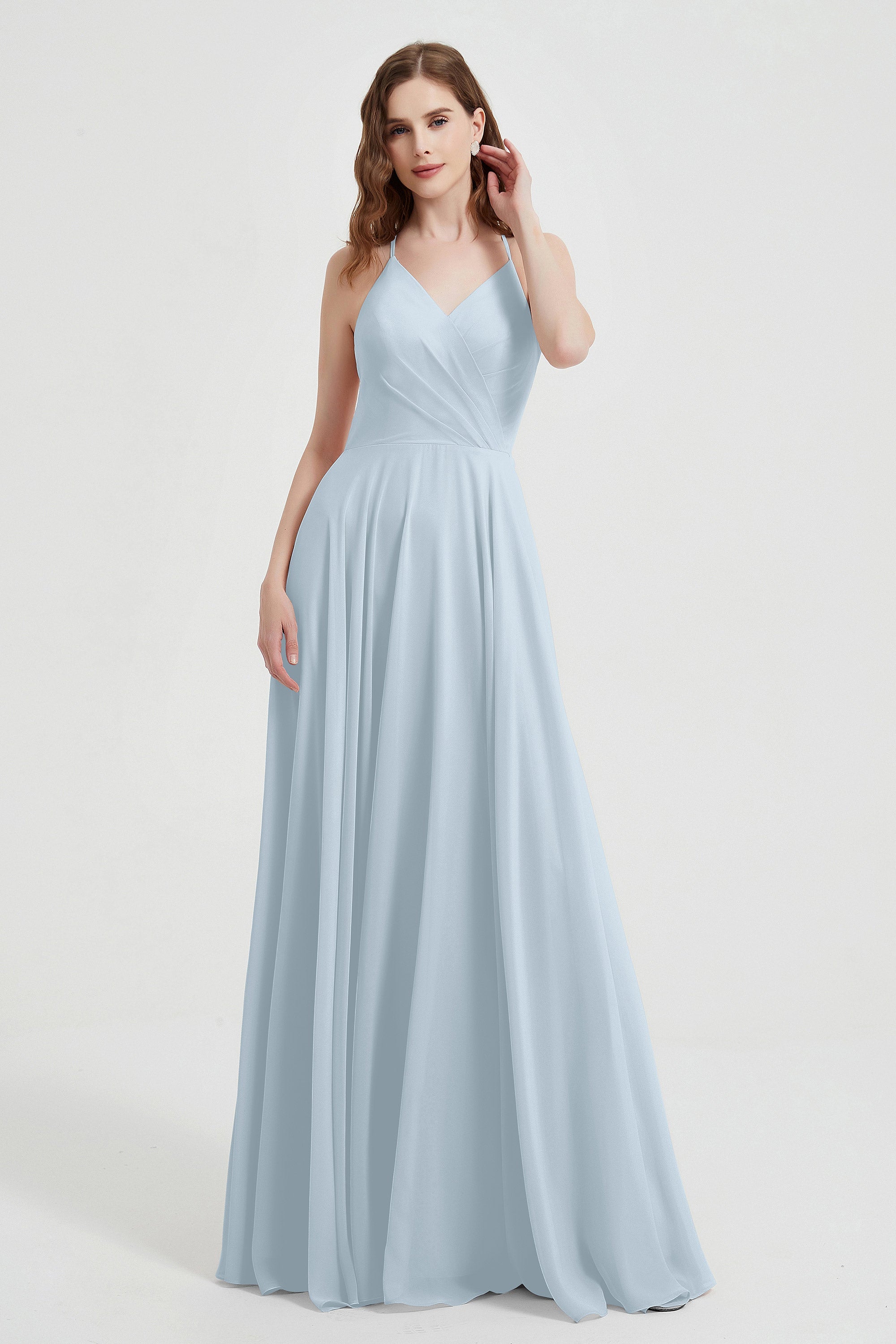 Crossed Straps Chiffon A Line Bridesmaid Dress Pleated Ruffle Formal Evening Dresses Gowns