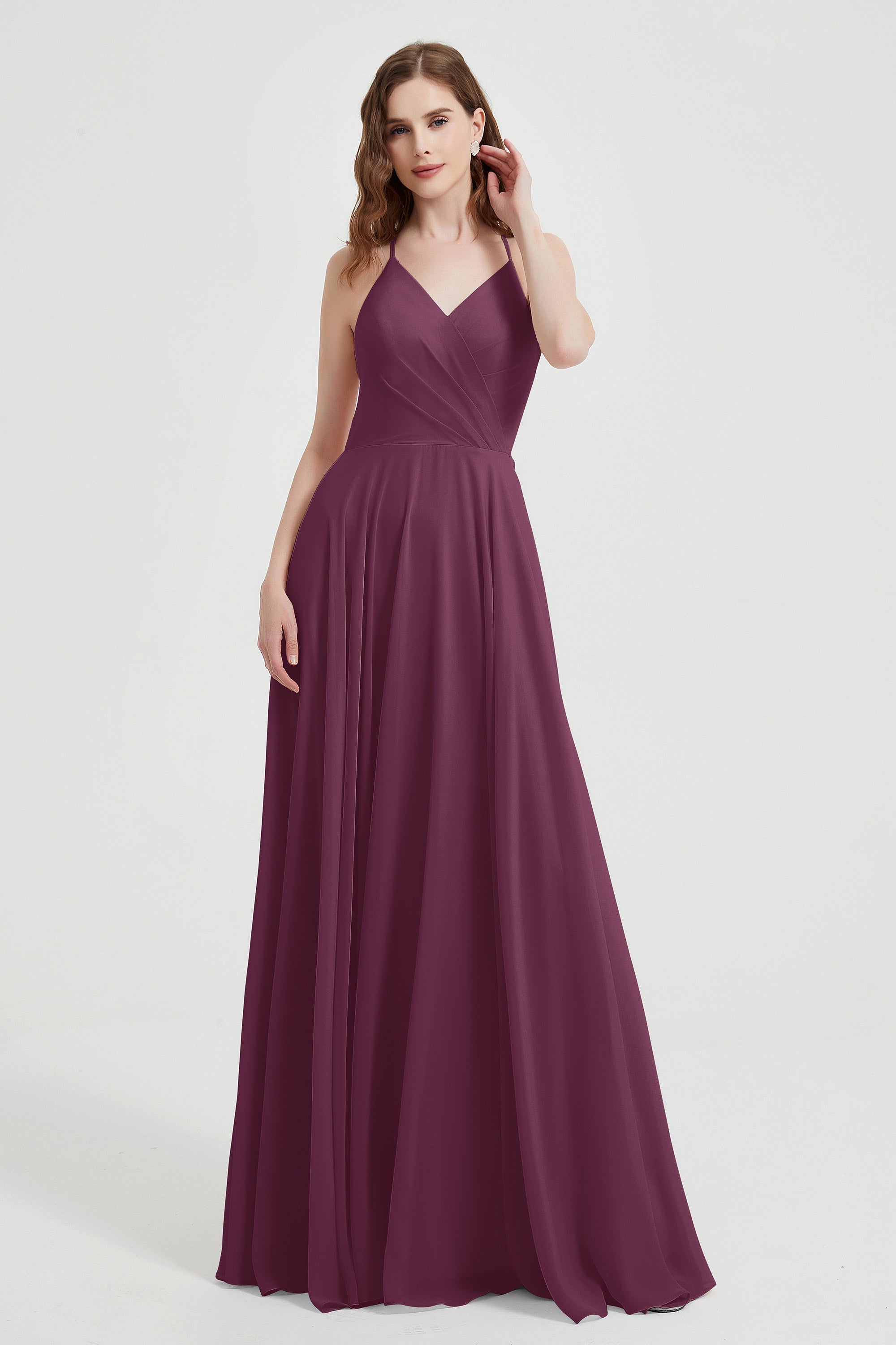 Crossed Straps Chiffon A Line Bridesmaid Dress Pleated Ruffle Formal Evening Dresses Gowns
