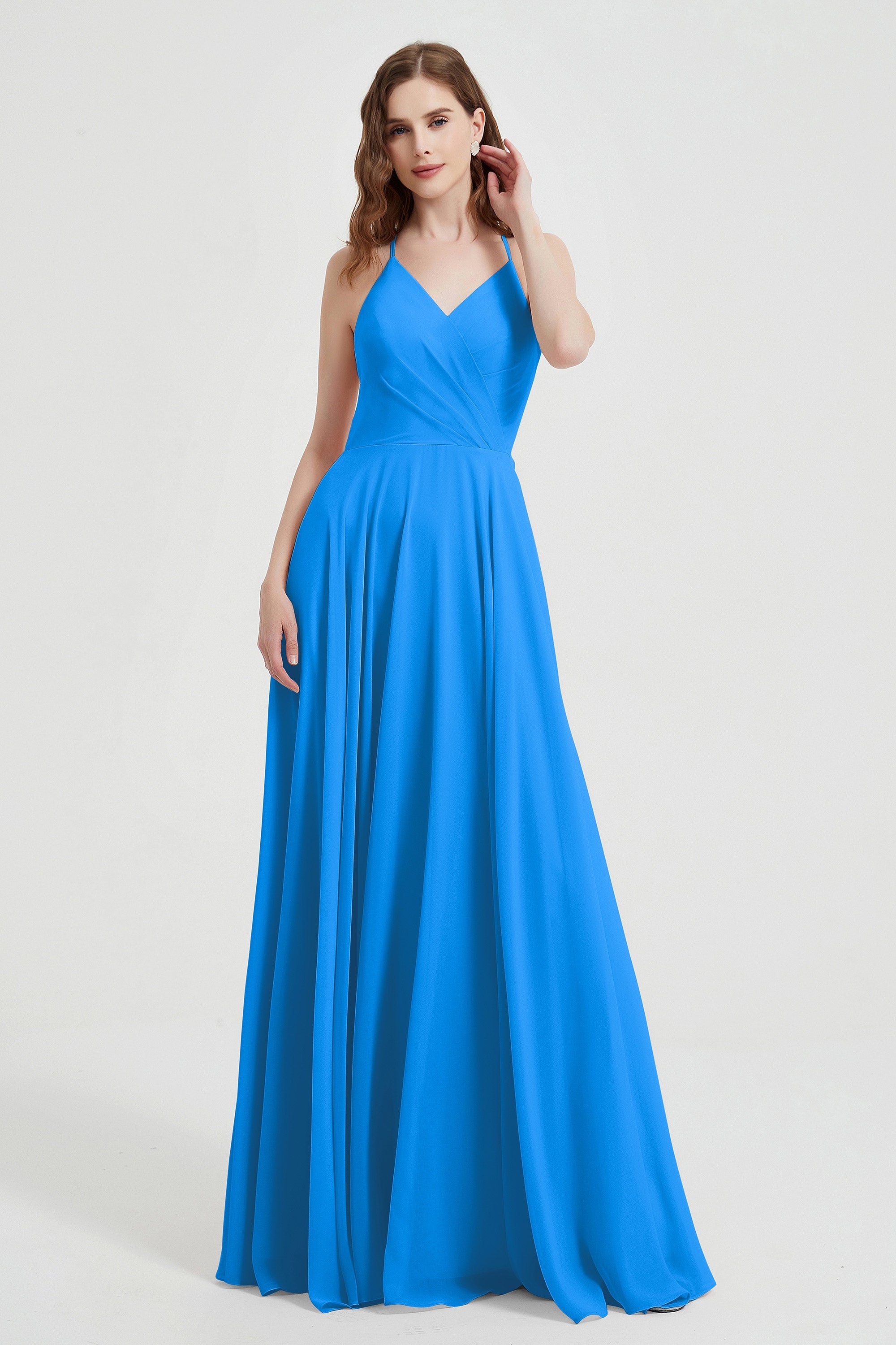Crossed Straps Chiffon A Line Bridesmaid Dress Pleated Ruffle Formal Evening Dresses Gowns