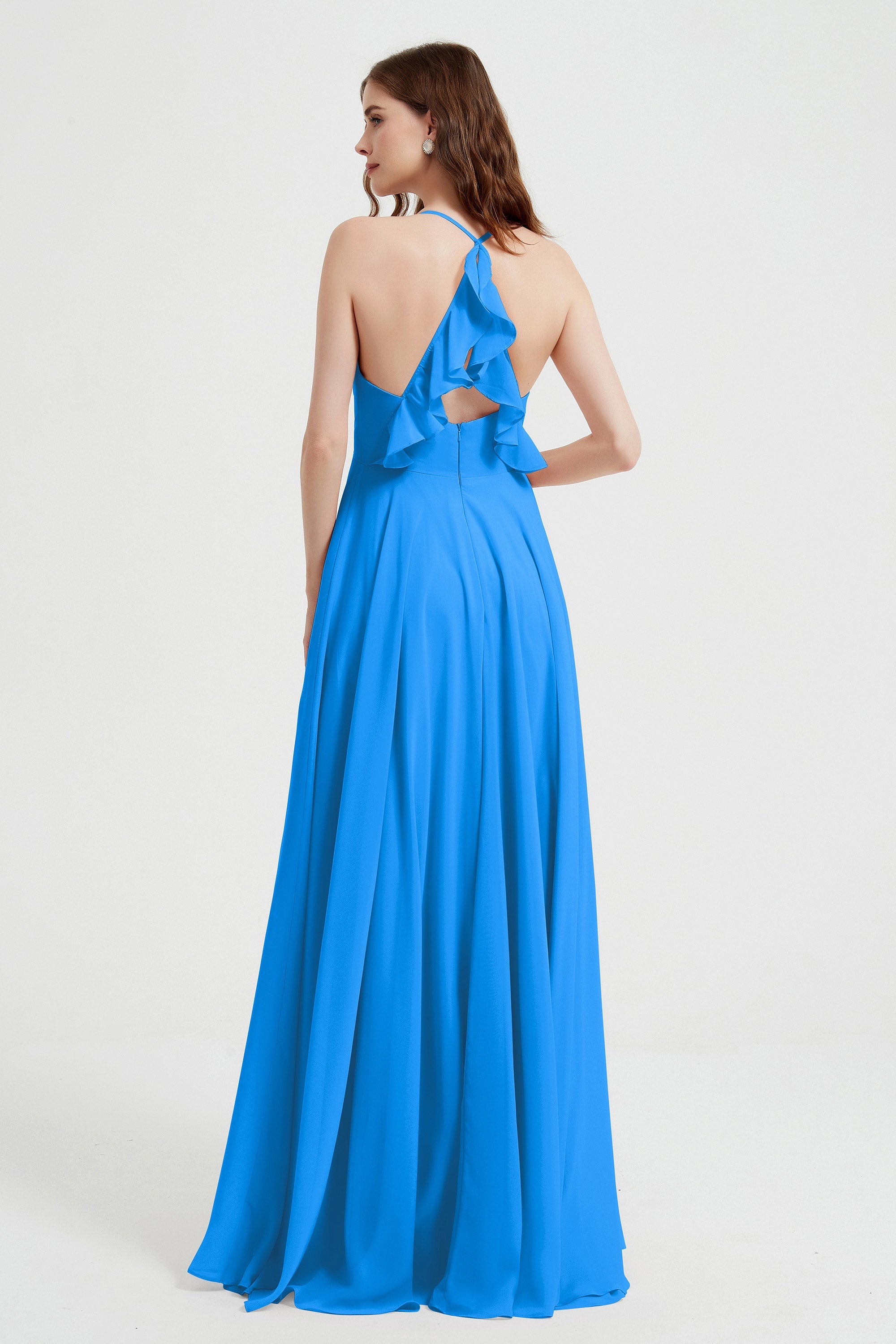 Crossed Straps Chiffon A Line Bridesmaid Dress Pleated Ruffle Formal Evening Dresses Gowns