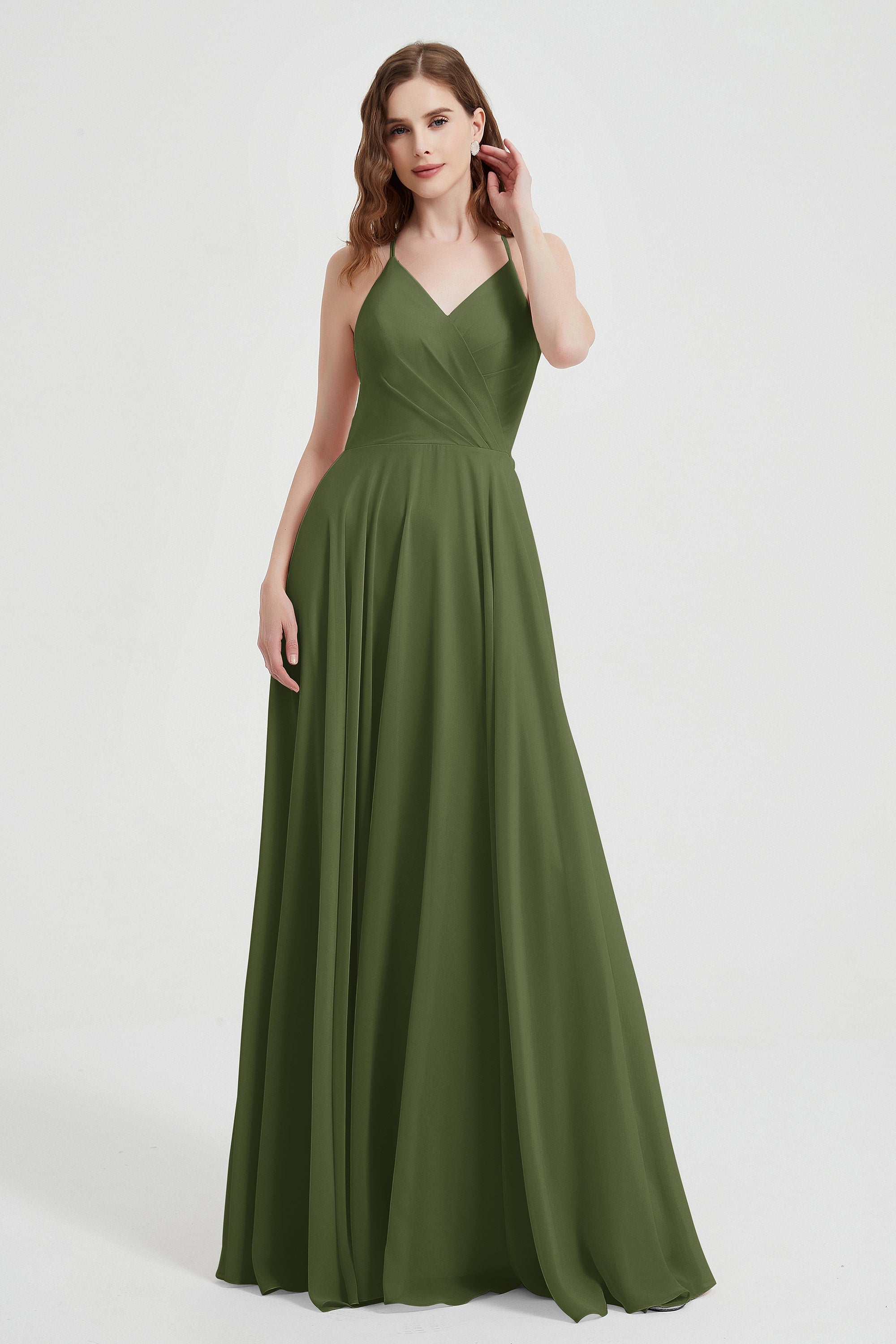 Crossed Straps Chiffon A Line Bridesmaid Dress Pleated Ruffle Formal Evening Dresses Gowns