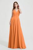 Crossed Straps Chiffon A Line Bridesmaid Dress Pleated Ruffle Formal Evening Dresses Gowns