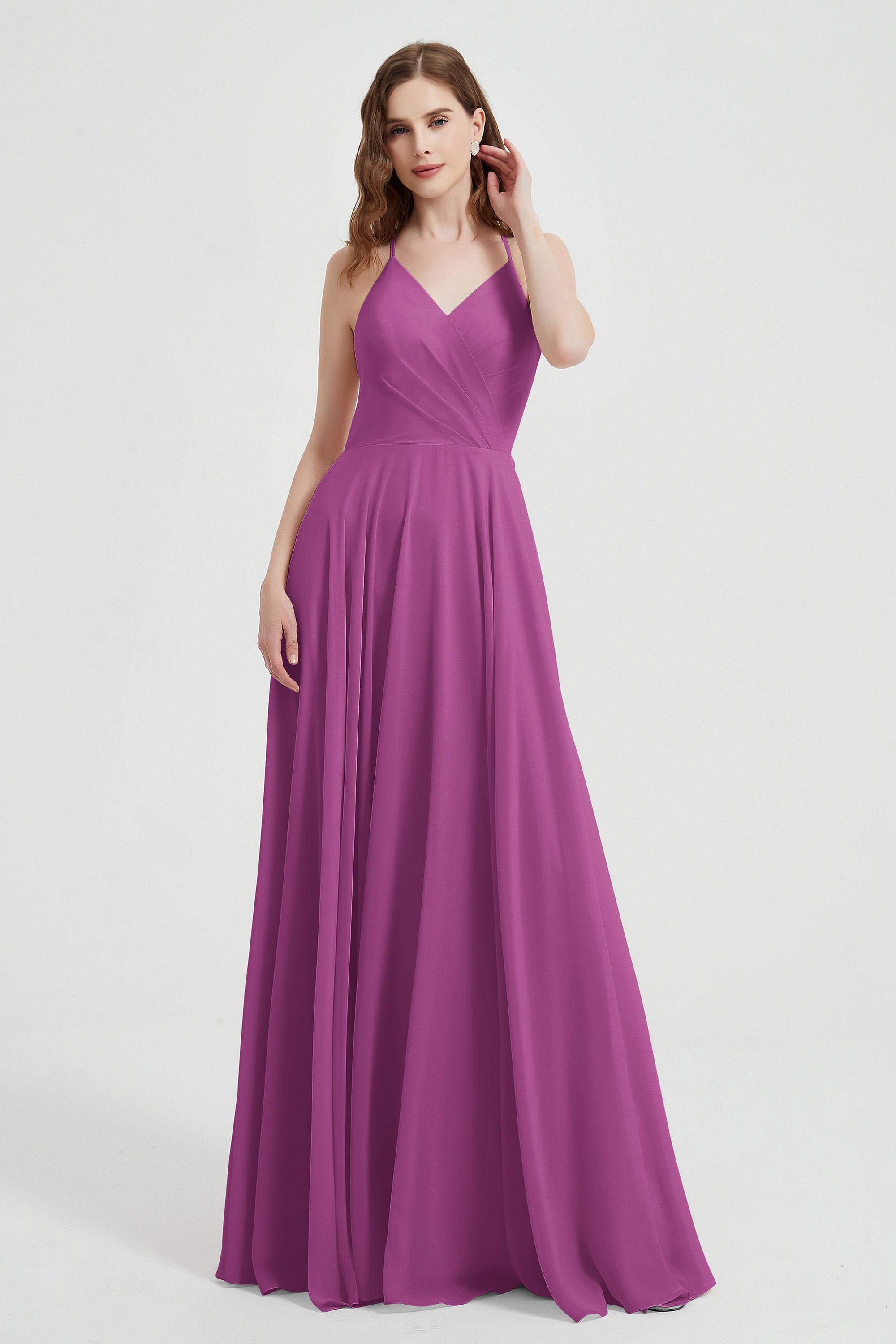 Crossed Straps Chiffon A Line Bridesmaid Dress Pleated Ruffle Formal Evening Dresses Gowns