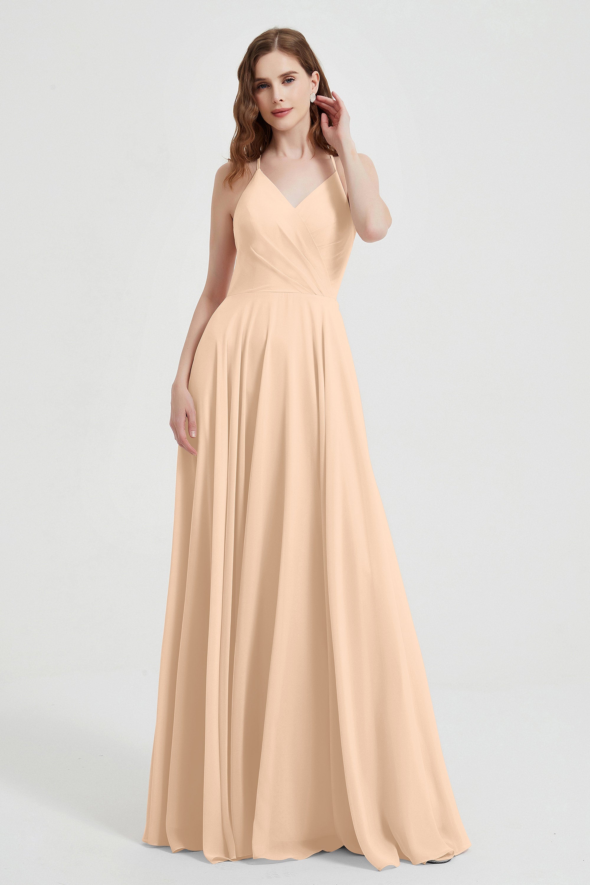 Crossed Straps Chiffon A Line Bridesmaid Dress Pleated Ruffle Formal Evening Dresses Gowns