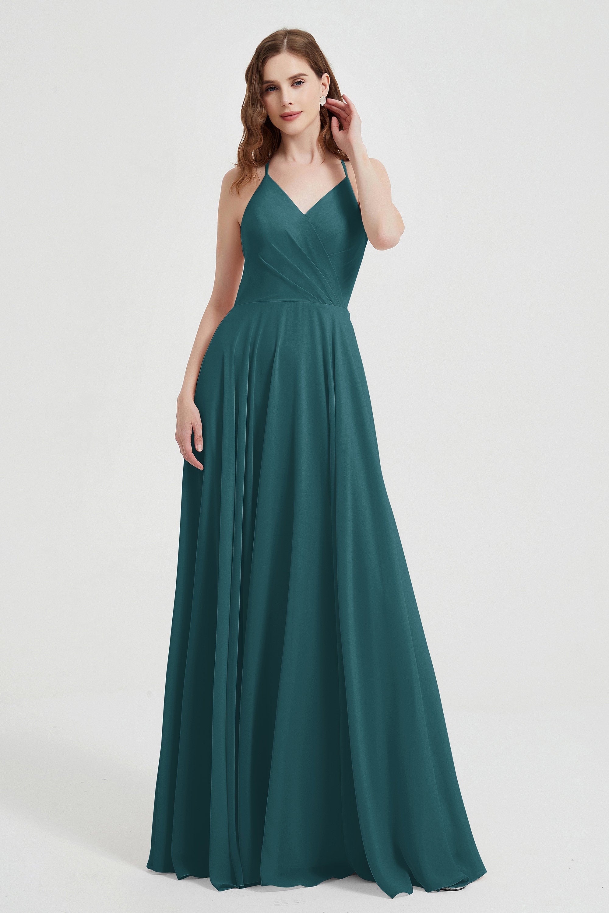 Crossed Straps Chiffon A Line Bridesmaid Dress Pleated Ruffle Formal Evening Dresses Gowns