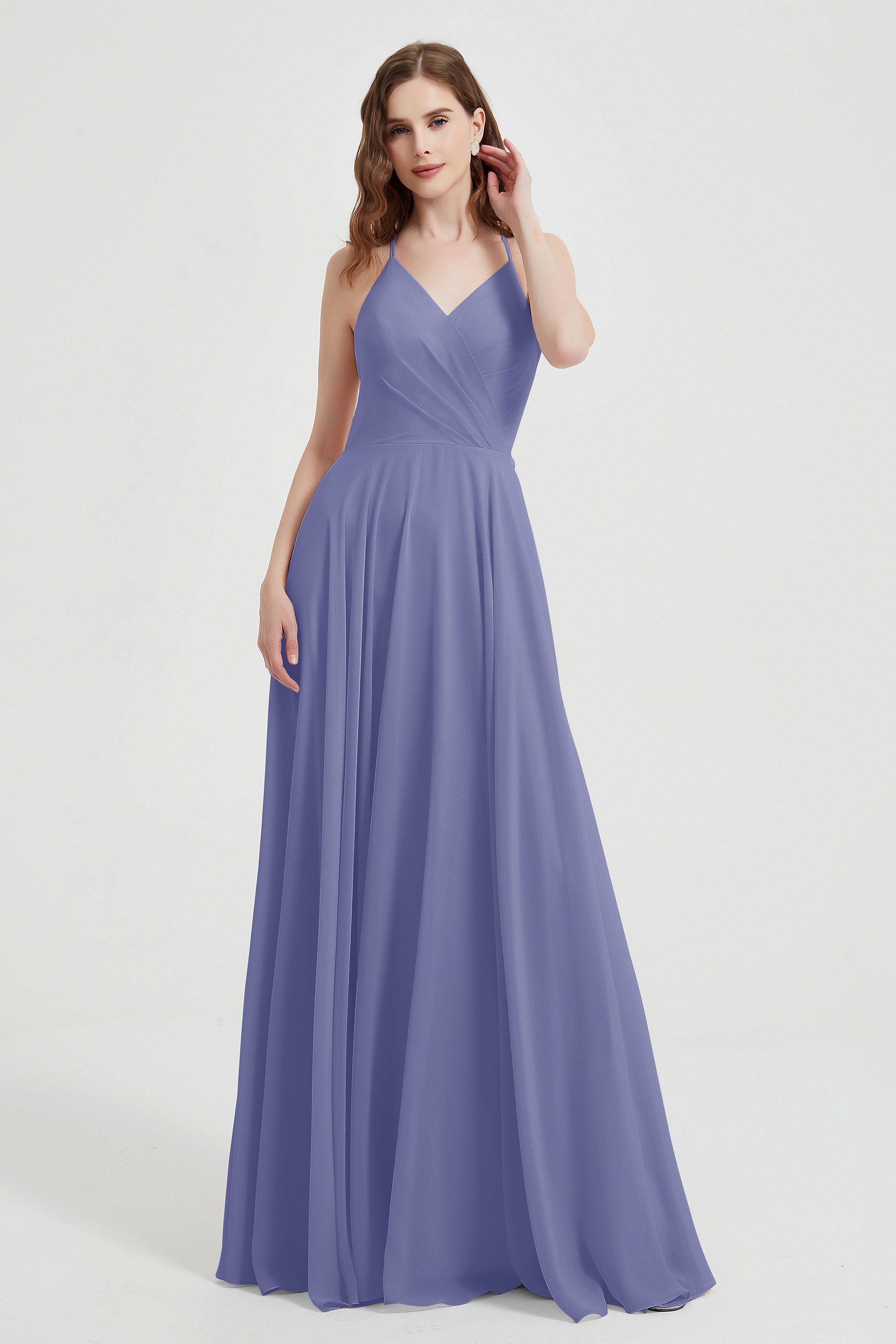 Crossed Straps Chiffon A Line Bridesmaid Dress Pleated Ruffle Formal Evening Dresses Gowns