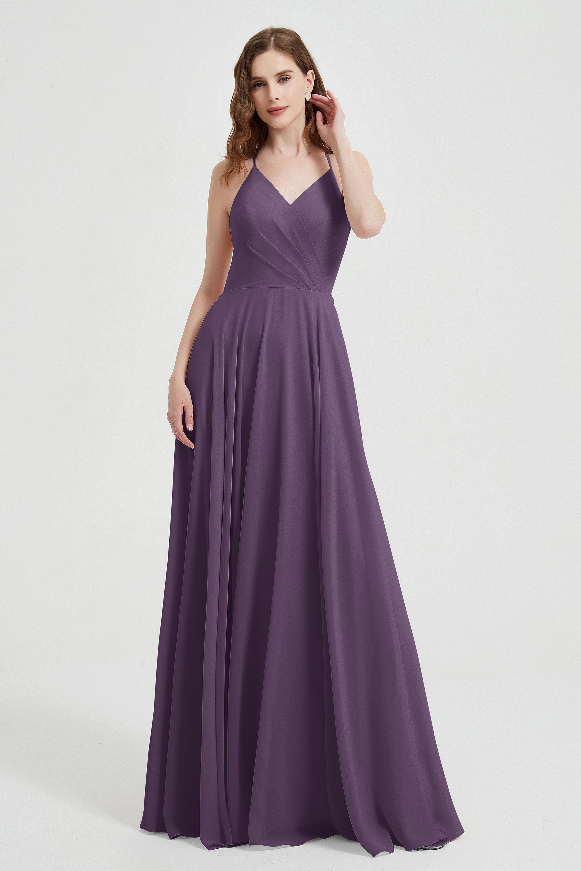 Crossed Straps Chiffon A Line Bridesmaid Dress Pleated Ruffle Formal Evening Dresses Gowns