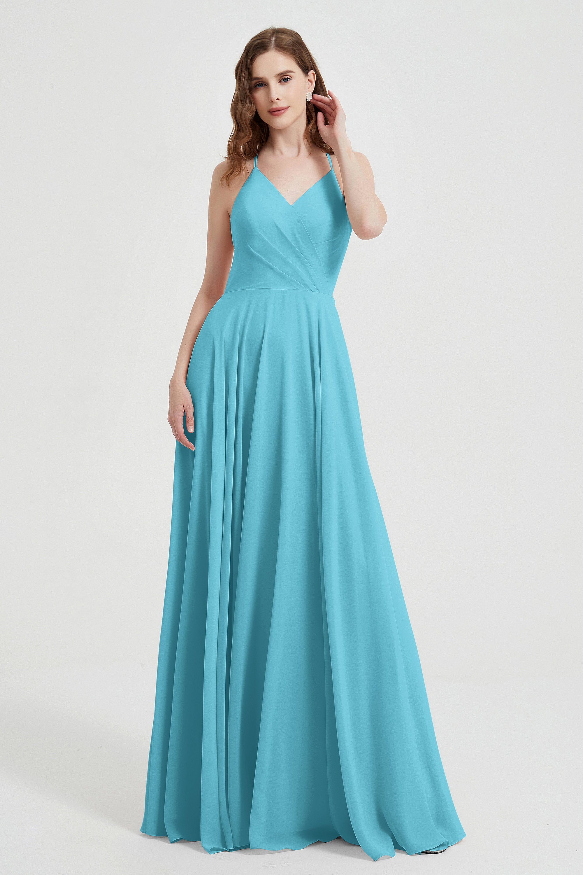 Crossed Straps Chiffon A Line Bridesmaid Dress Pleated Ruffle Formal Evening Dresses Gowns