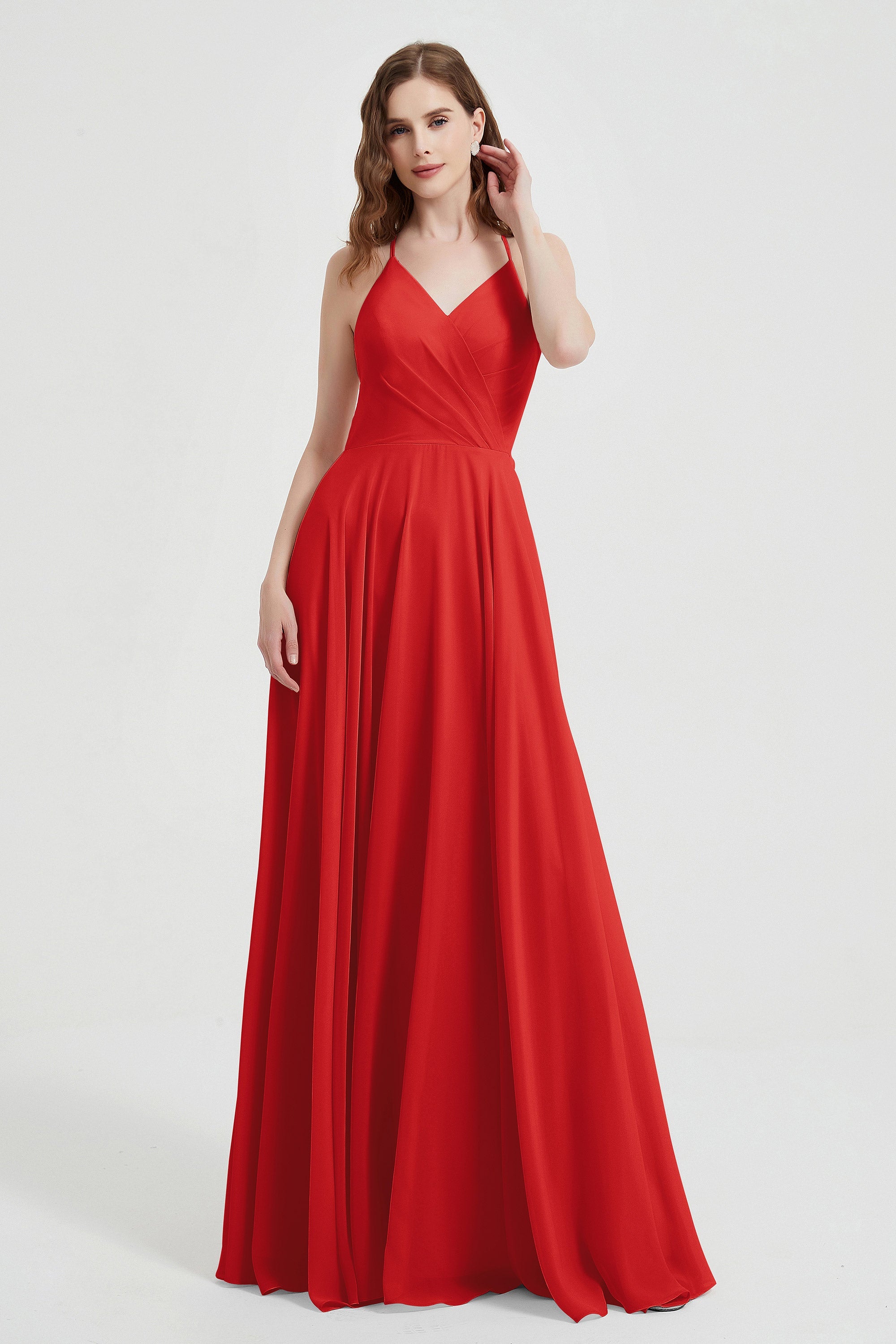 Crossed Straps Chiffon A Line Bridesmaid Dress Pleated Ruffle Formal Evening Dresses Gowns