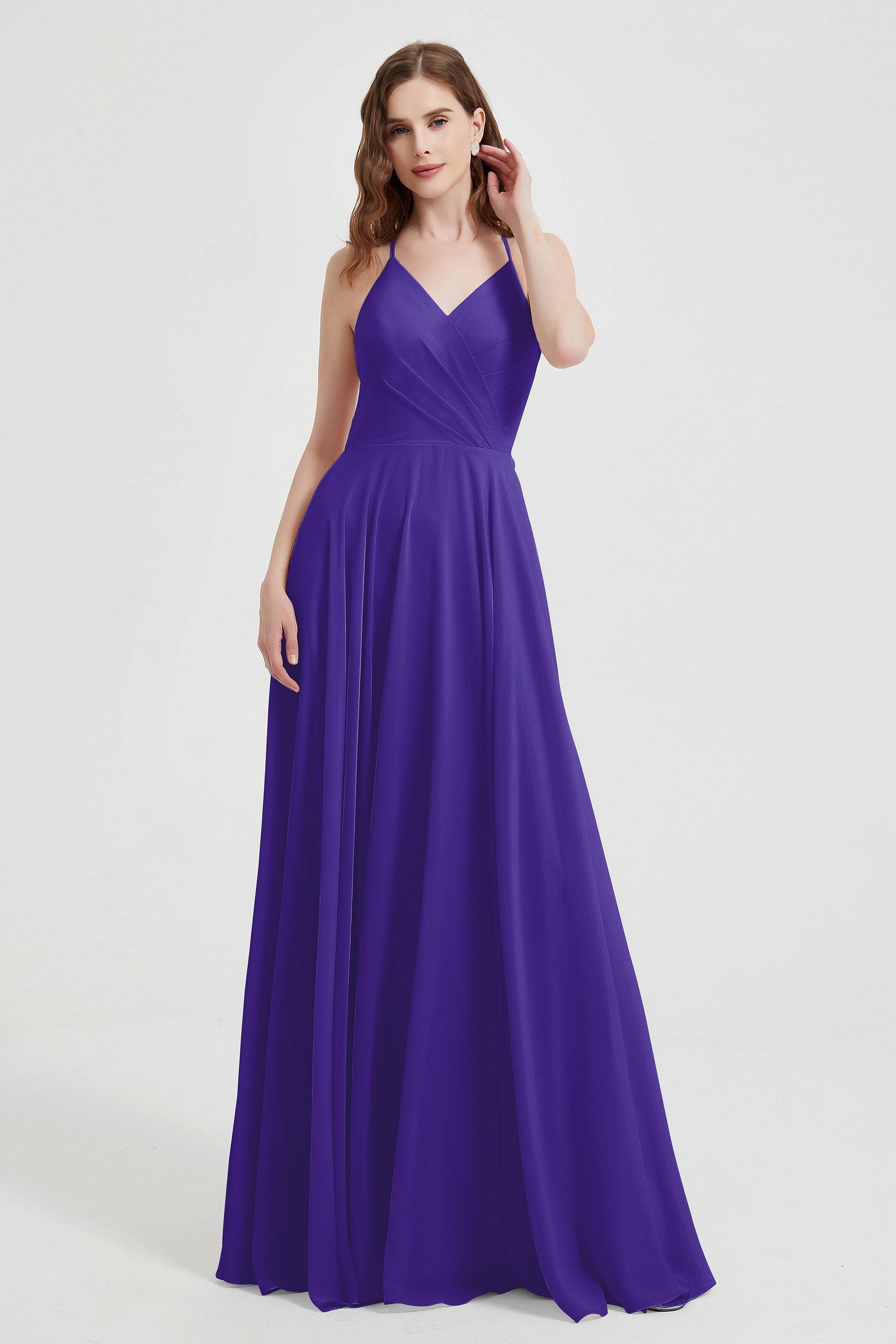 Crossed Straps Chiffon A Line Bridesmaid Dress Pleated Ruffle Formal Evening Dresses Gowns