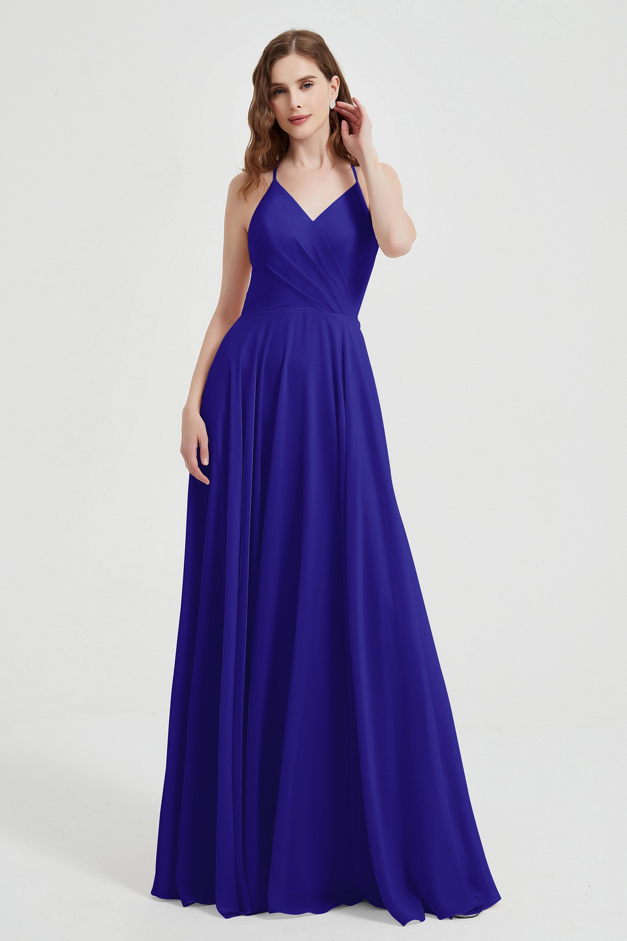 Crossed Straps Chiffon A Line Bridesmaid Dress Pleated Ruffle Formal Evening Dresses Gowns