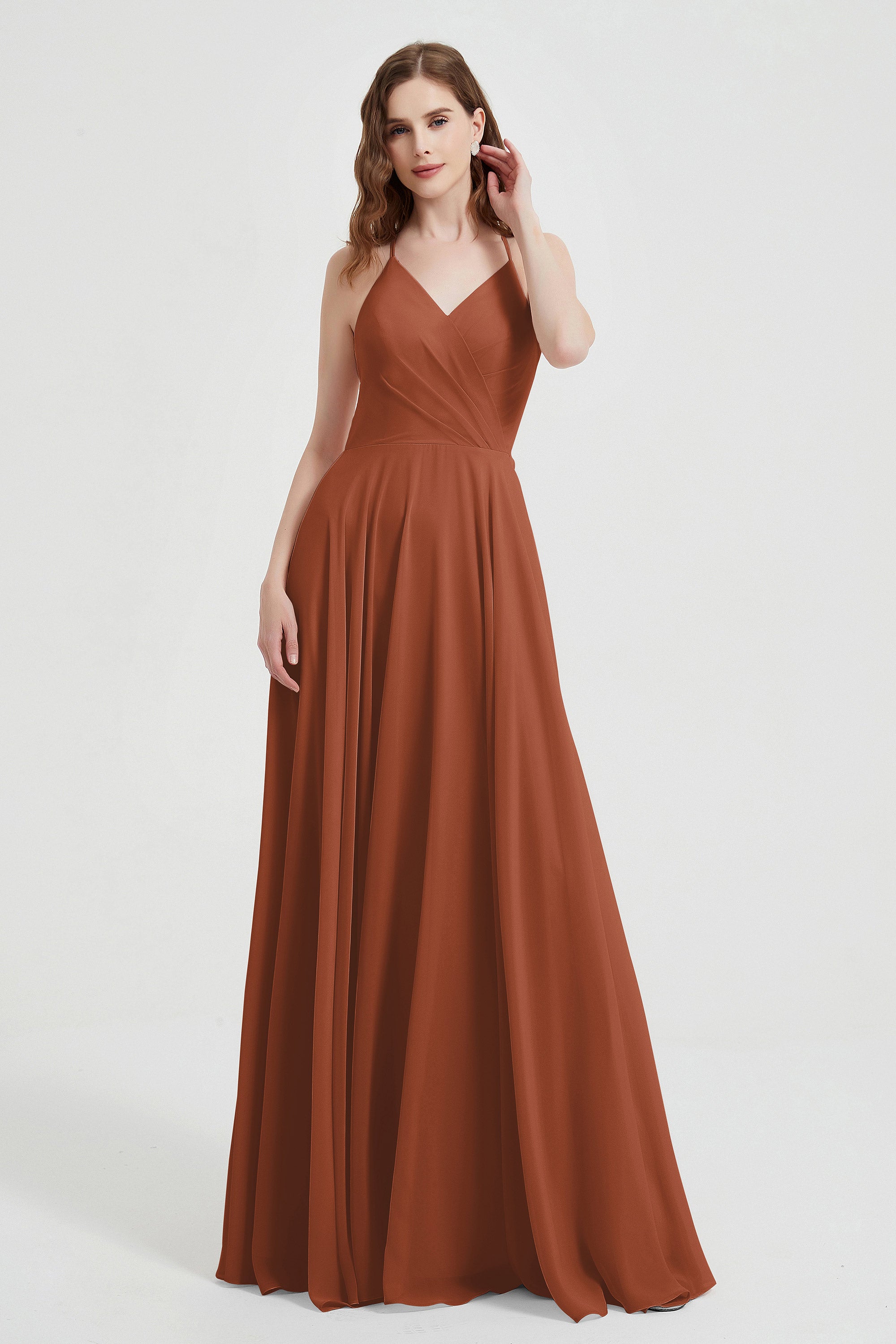 Crossed Straps Chiffon A Line Bridesmaid Dress Pleated Ruffle Formal Evening Dresses Gowns